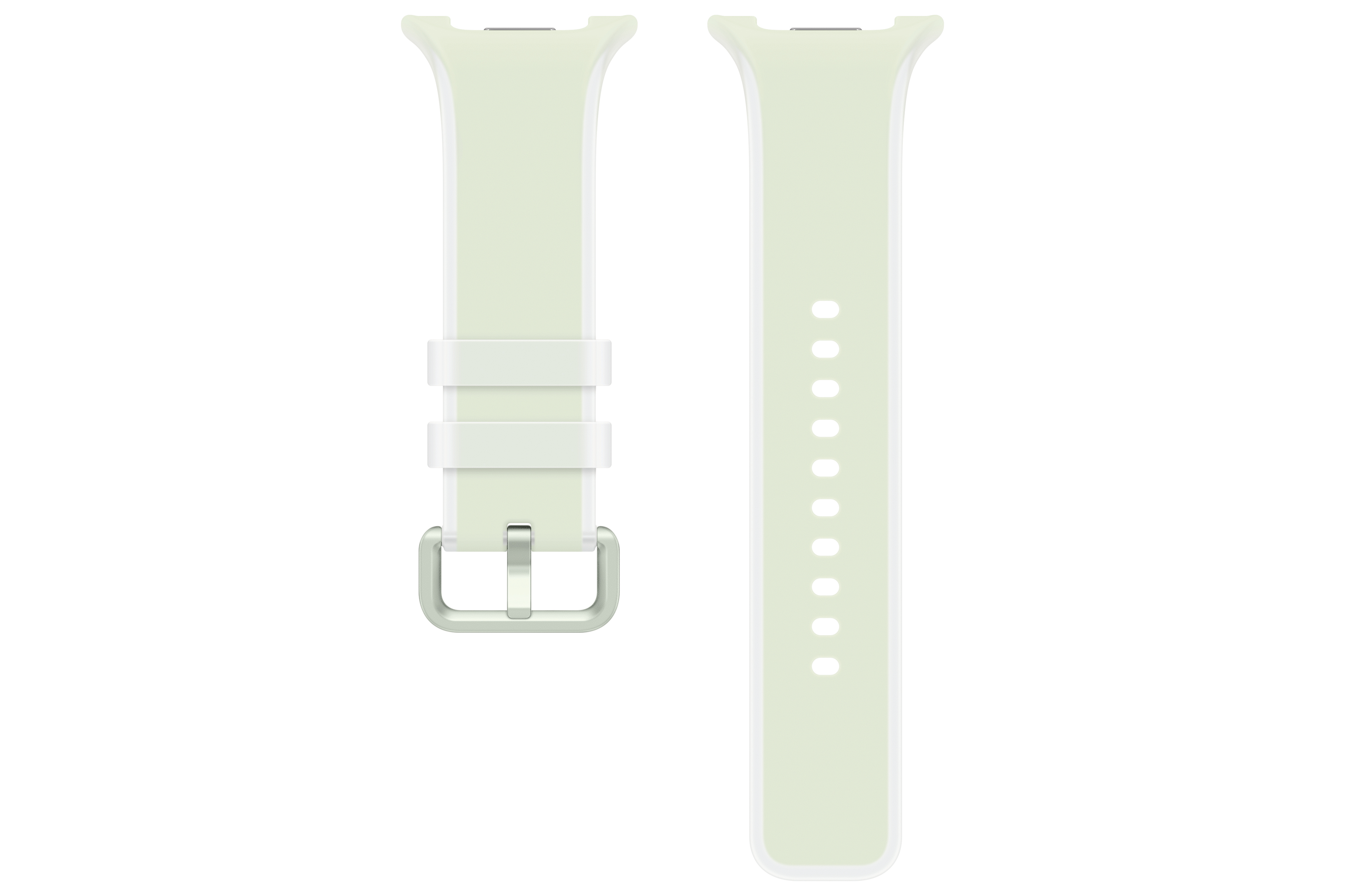 Helles, blassgrünes Armband mit Dornschließe und Lochreihe.