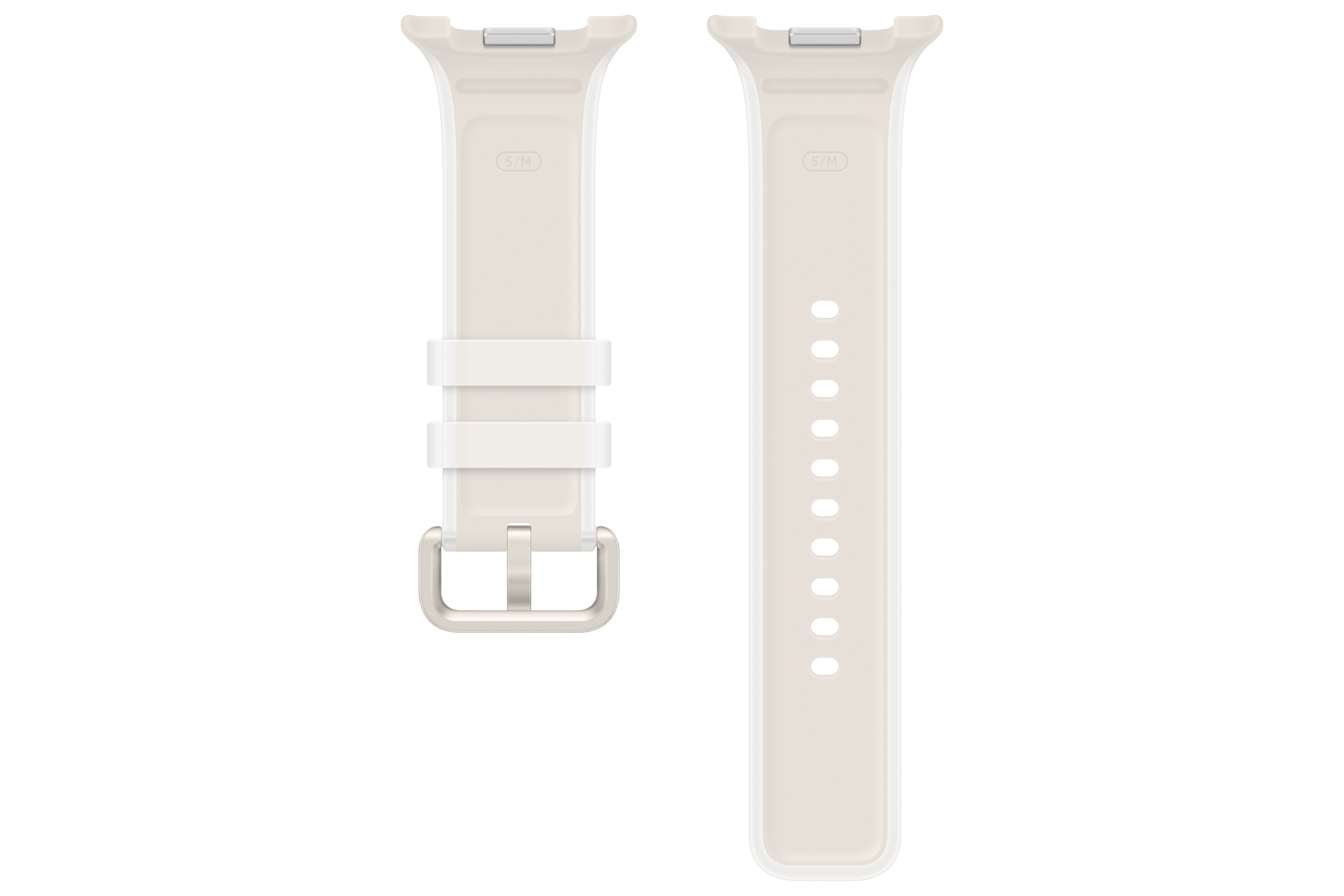 Zwei weiße Uhrenarmbänder, eines mit Schnalle, eines mit Löchern.