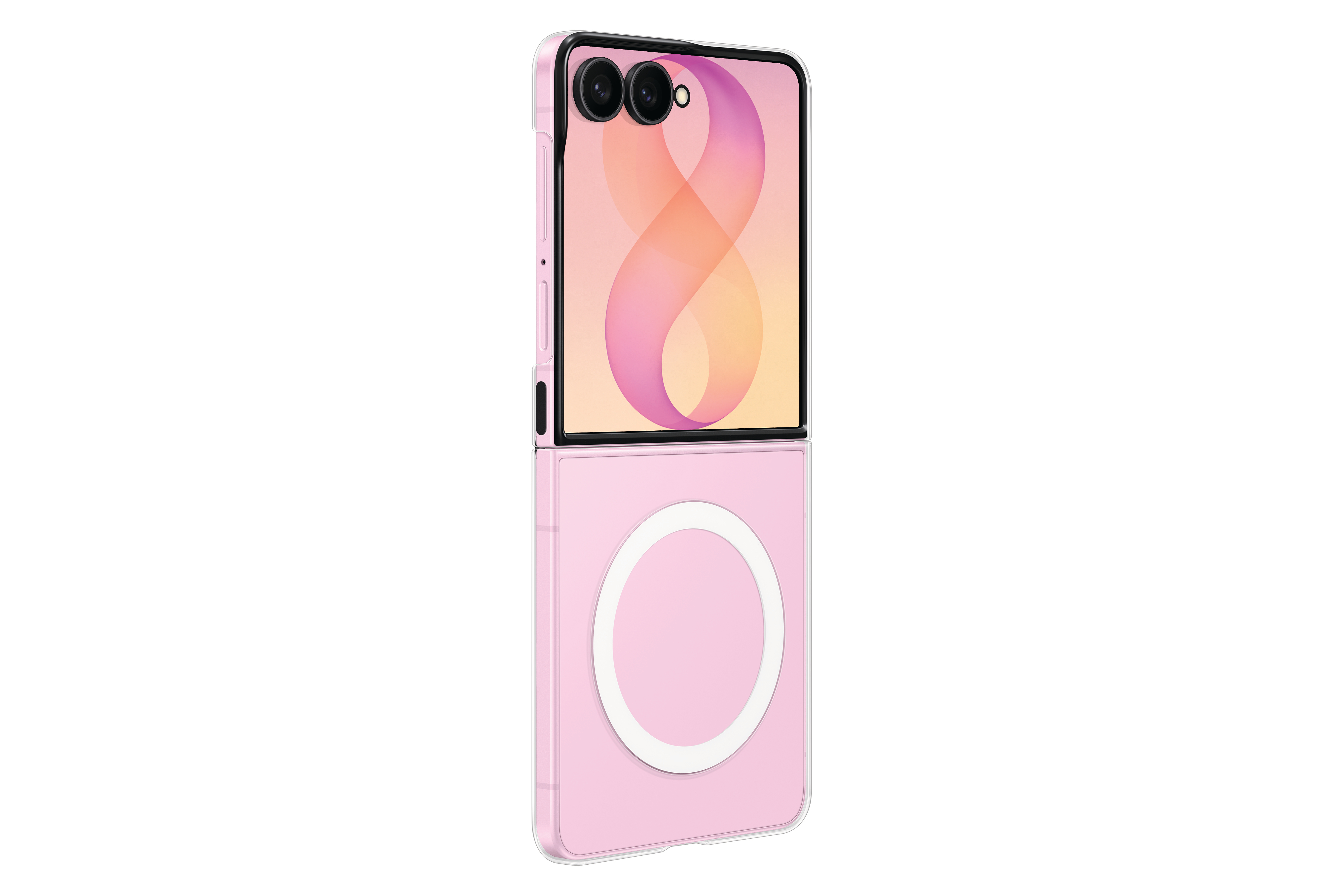 Ein rosa Klapphandy mit zwei Kameras und einem Kreis auf der Rückseite.