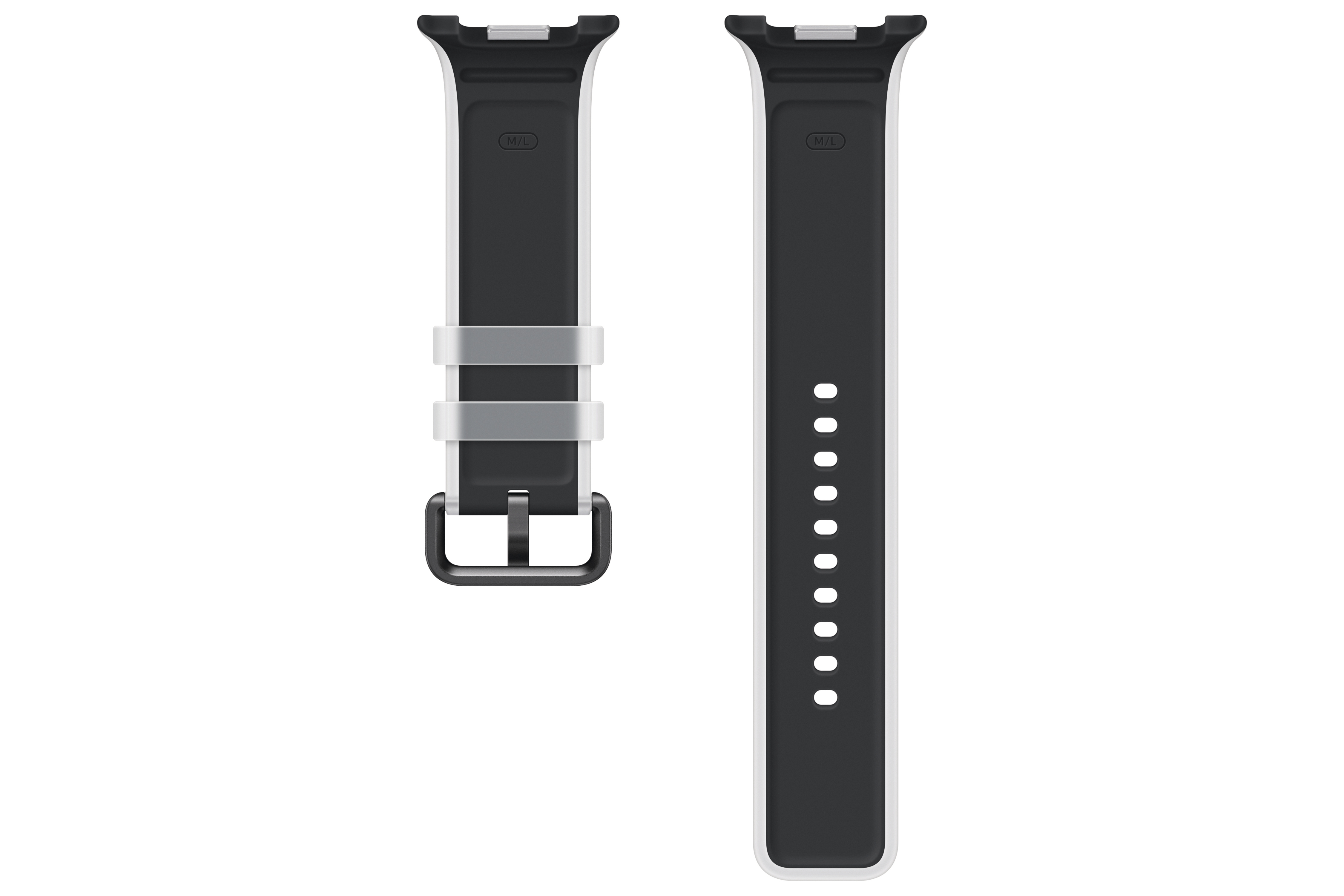 Zwei schwarze Uhrenarmbänder mit weißen Rändern und silberner Schnalle.