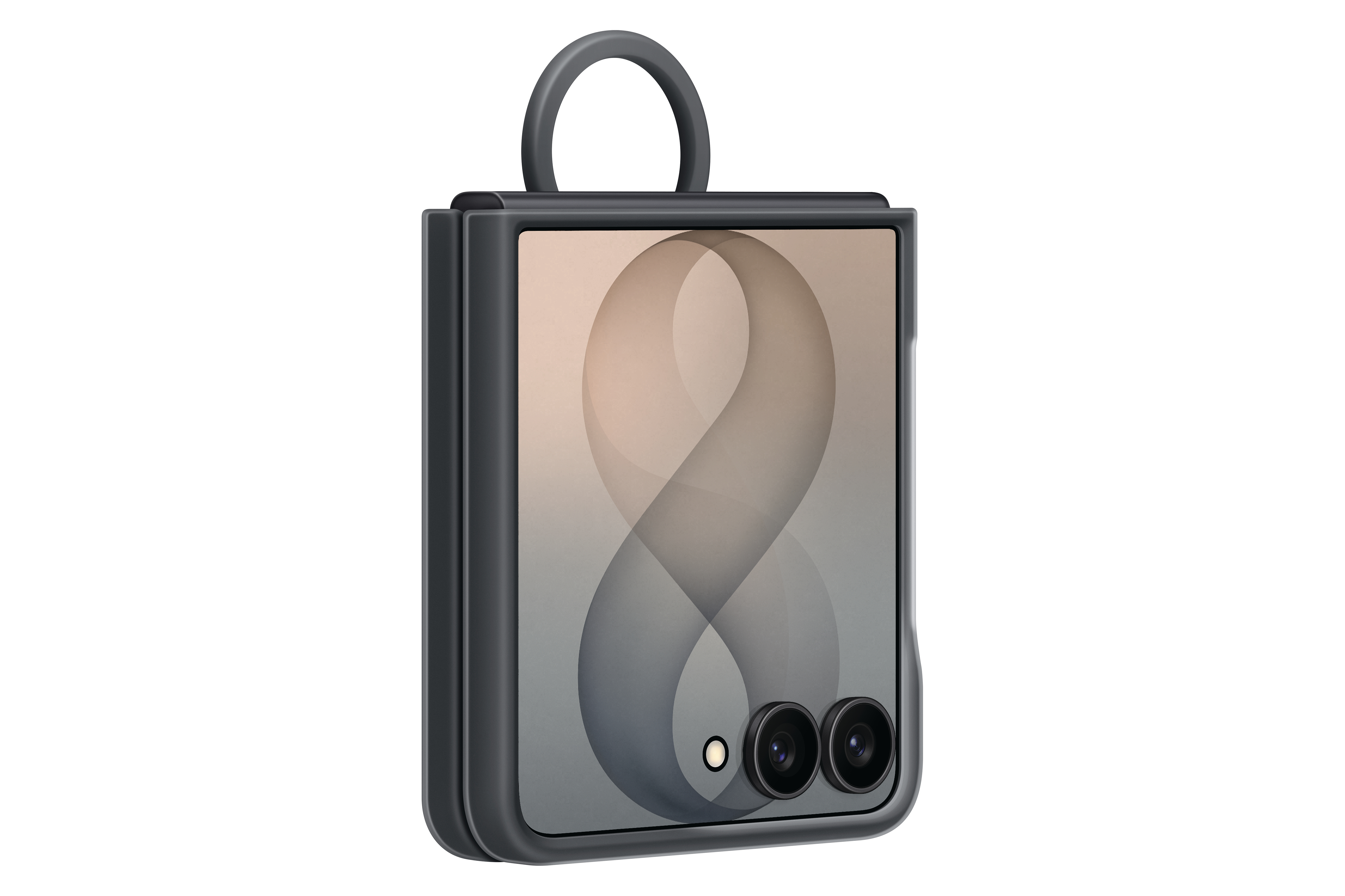 Ein geschlossenes graues Smartphone mit zwei Kameras und einem Ringgriff.