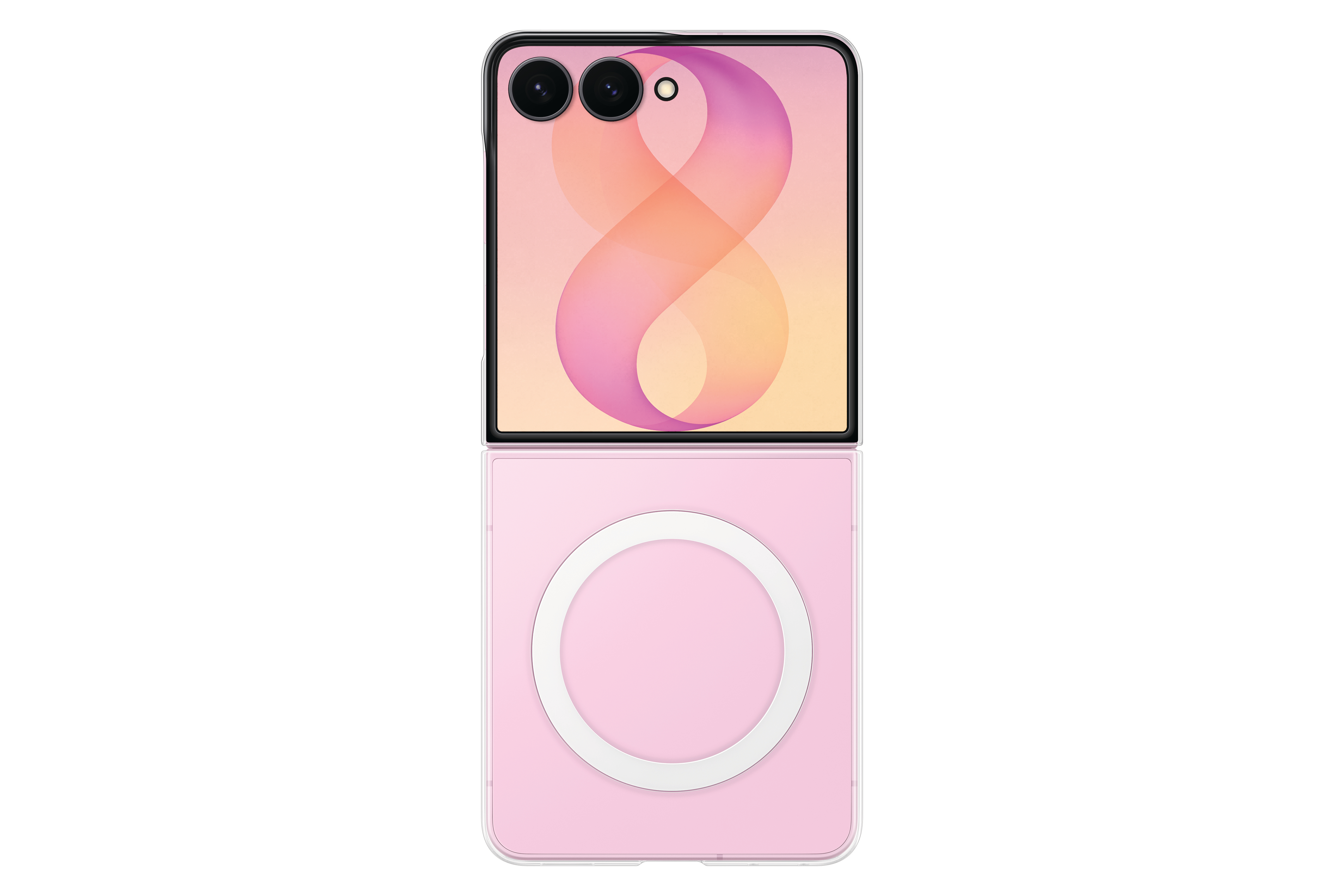 Ein rosa Smartphone im Klappdesign, oben mit Kameras, unten mit Ring.