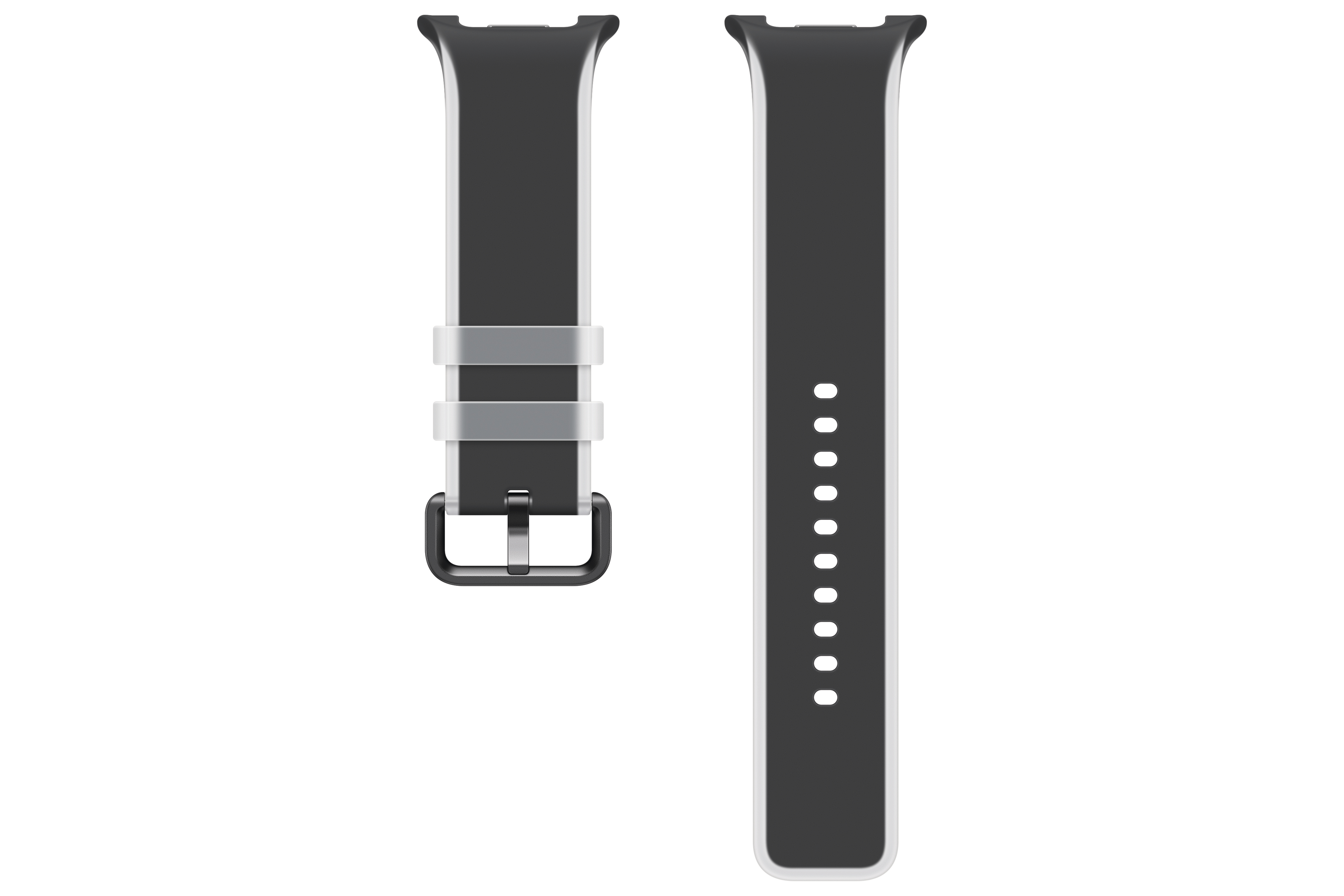 Zwei schwarze Uhrenarmbänder mit silbernen Rändern, eines mit Schnalle.