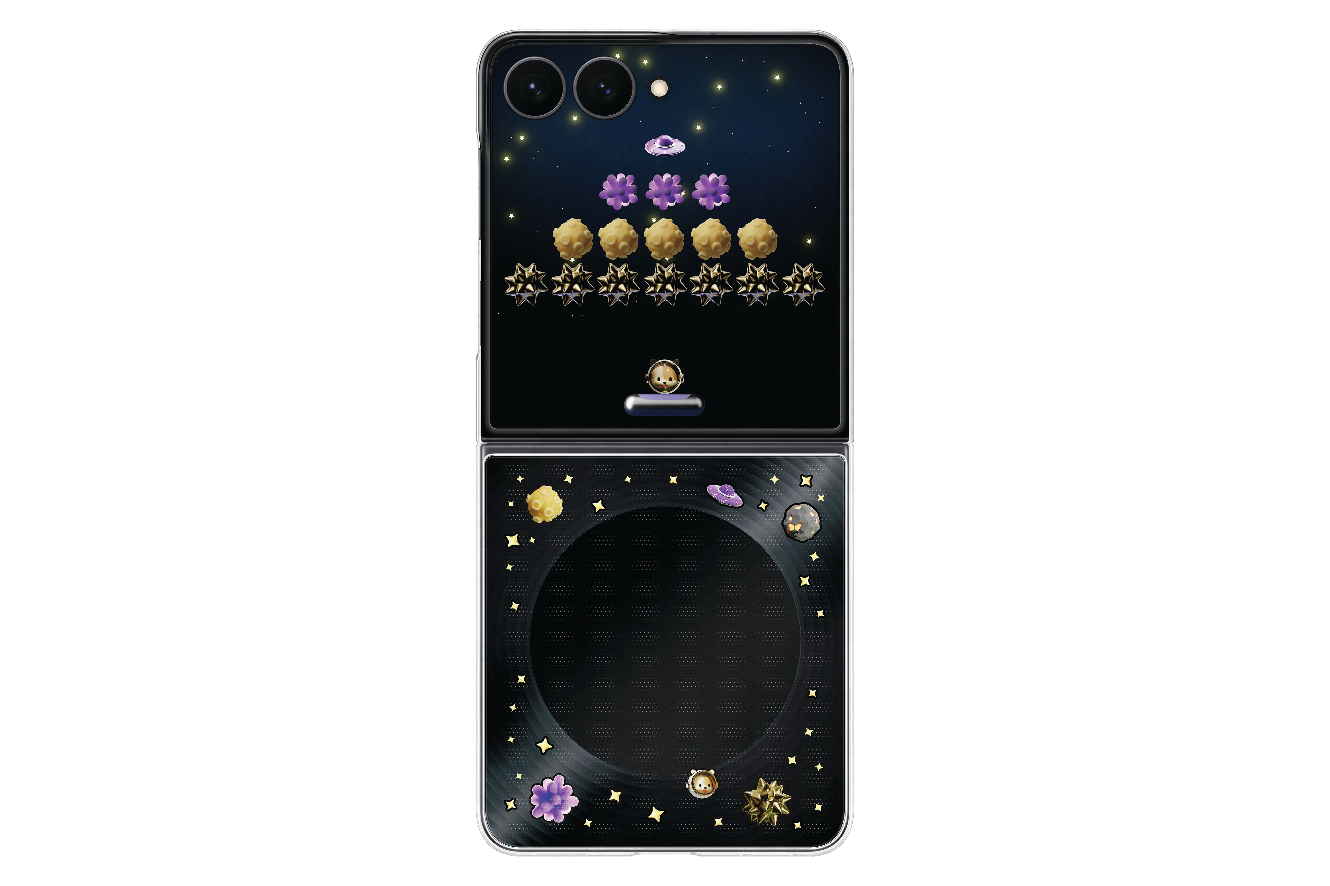 Ein aufgeschlagenes Smartphone zeigt ein Weltraumthema mit Sternen, Planeten und einer fliegenden Untertasse.