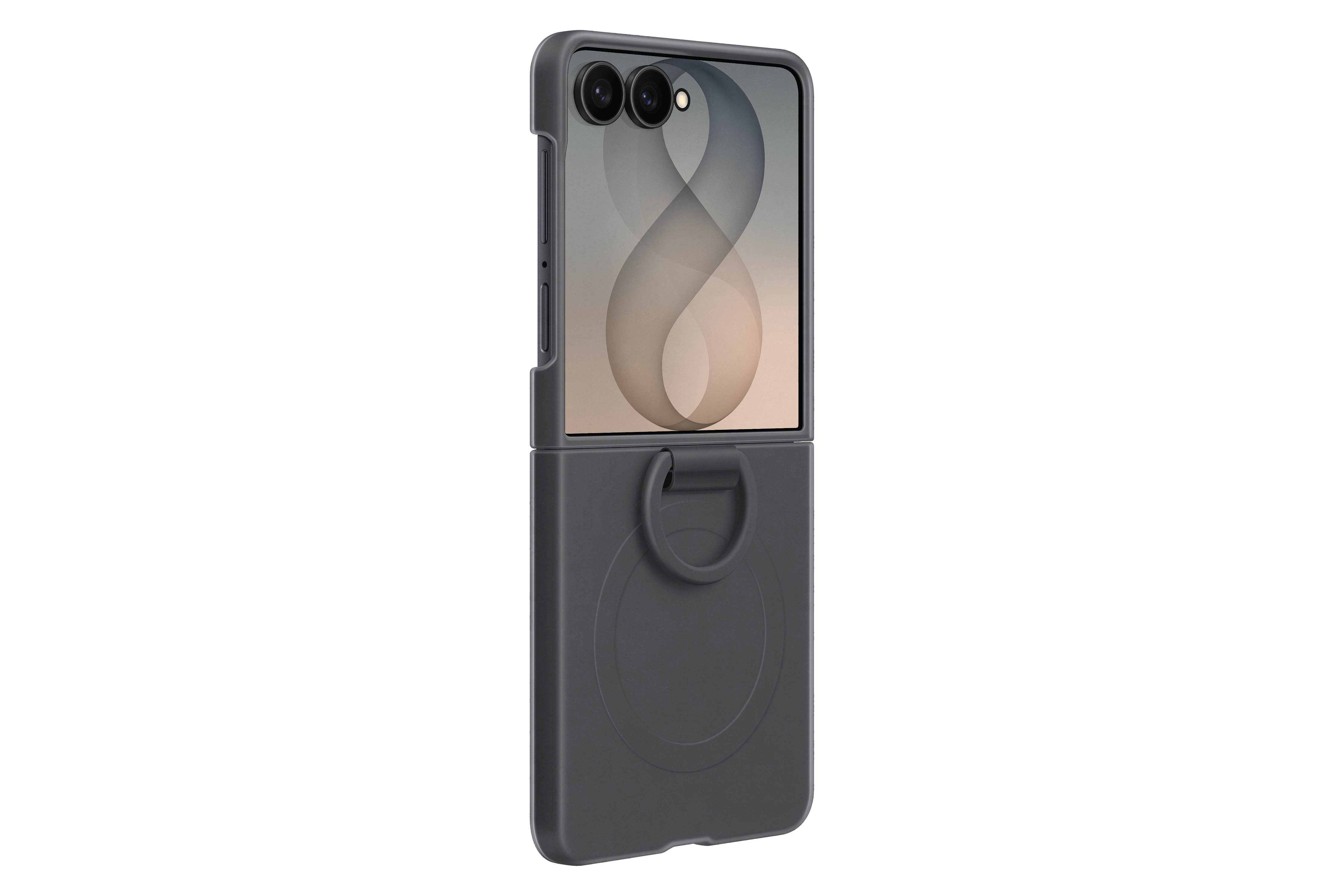 Ein dunkelgraues Smartphone mit Klappfunktion und Ringhalterung auf der Rückseite.