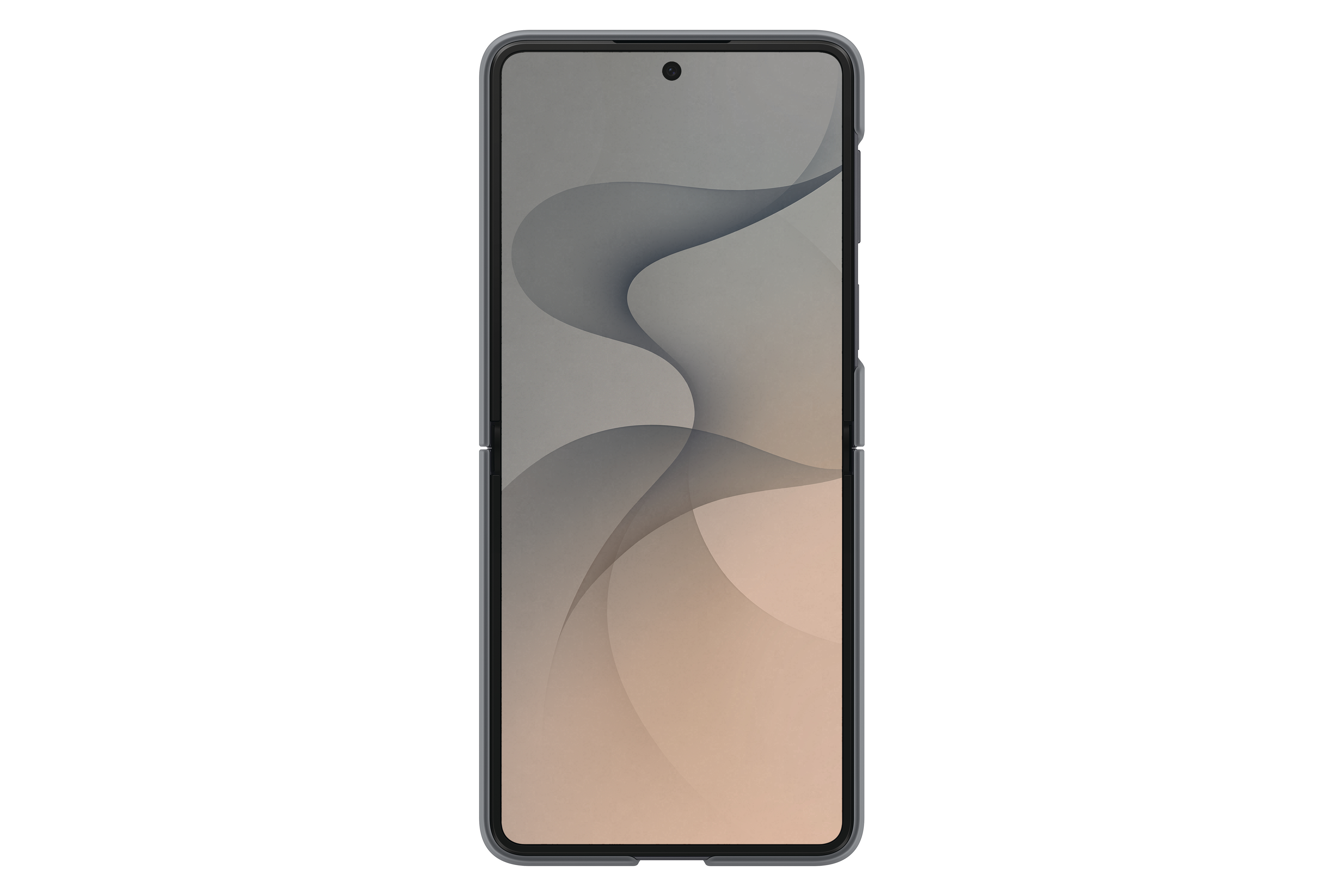 Ein geschlossenes graues Smartphone mit einem stilisierten Wellenmuster auf dem Bildschirm.