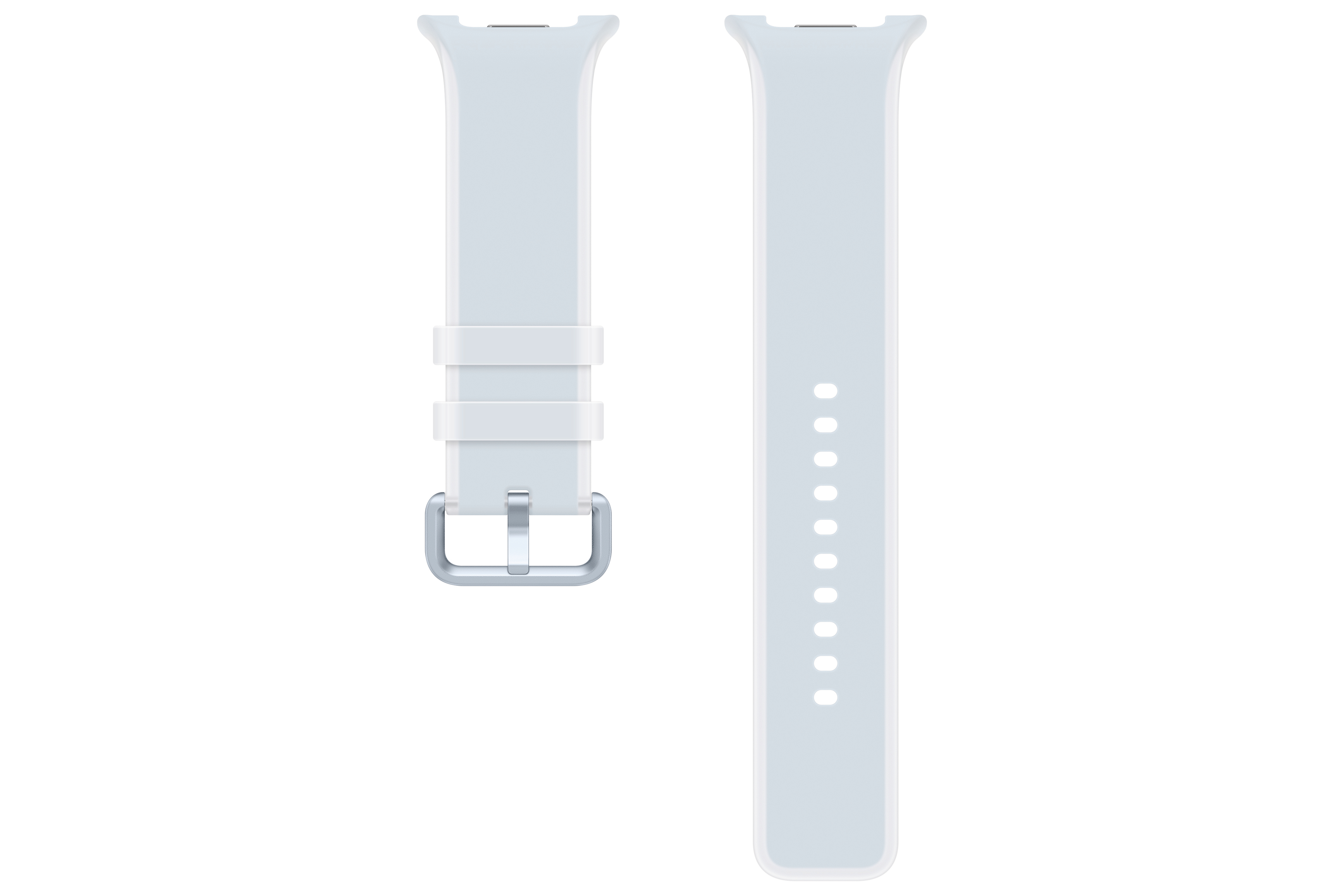 Ein hellblauer Uhrenarmband mit Dornschließe und Lochreihe.