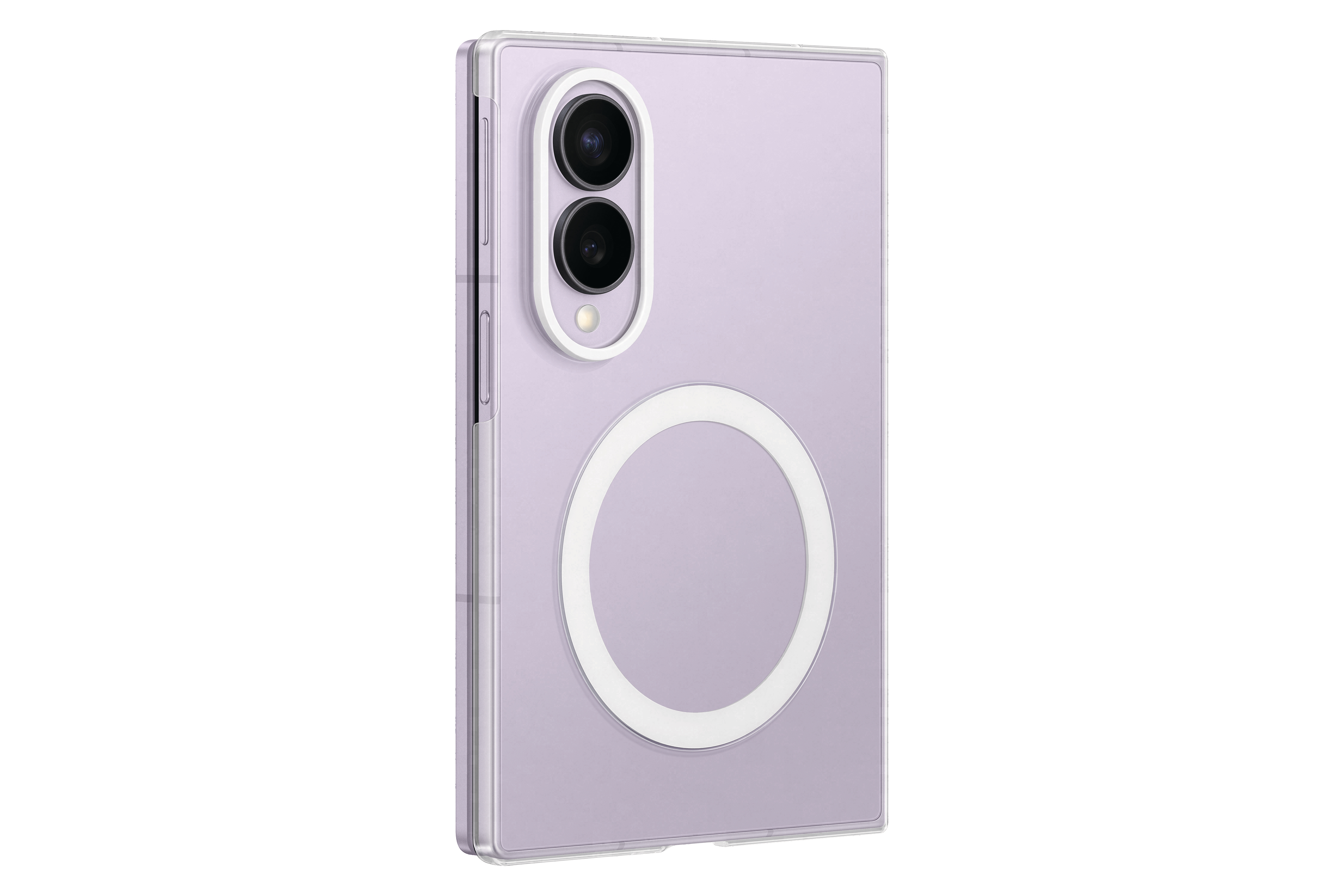 Ein lila Smartphone mit zwei Kameras und einem magnetischen Kreis auf der Rückseite.