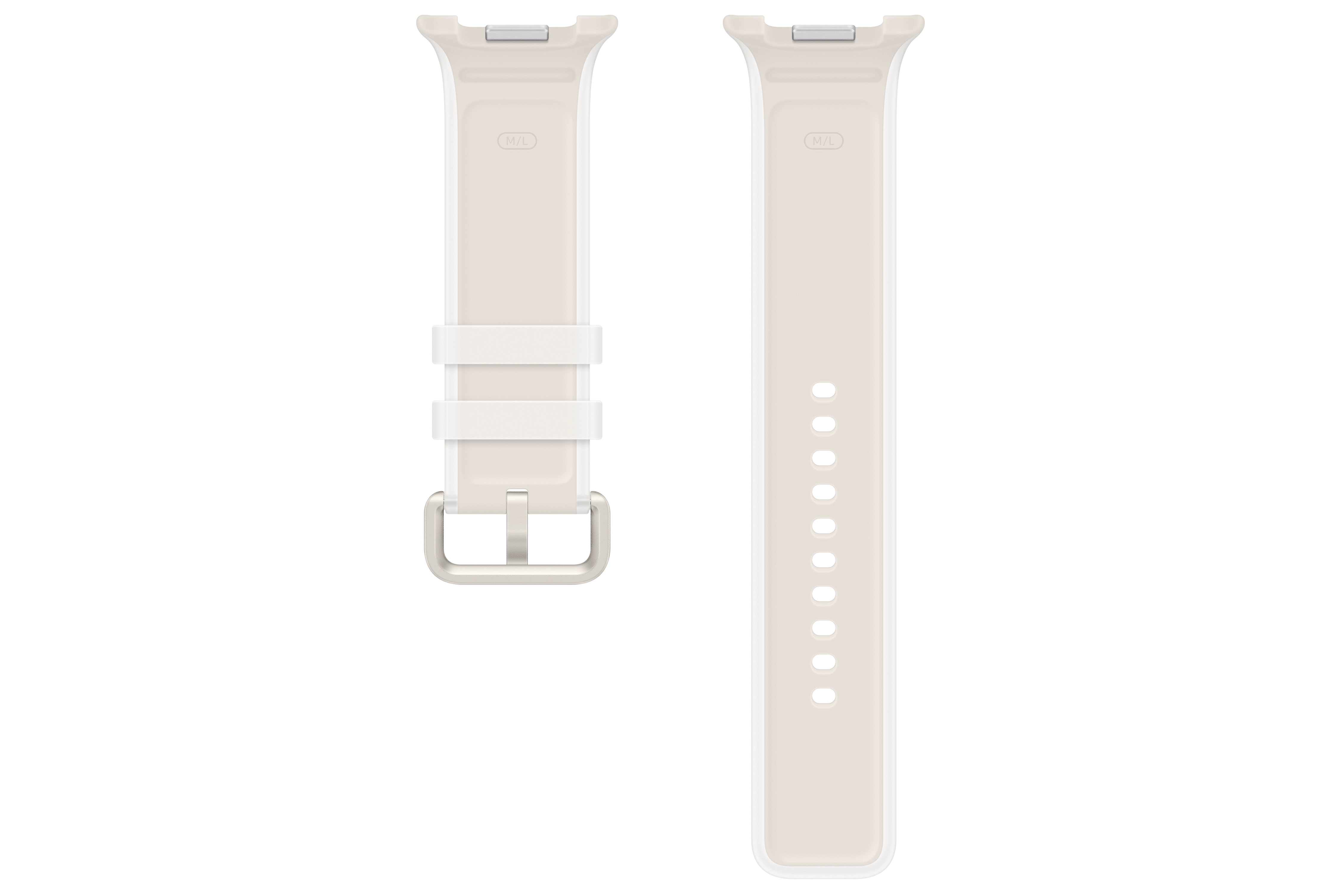 Zwei cremefarbene Uhrenarmbänder, eines mit Schnalle, das andere mit Löchern.