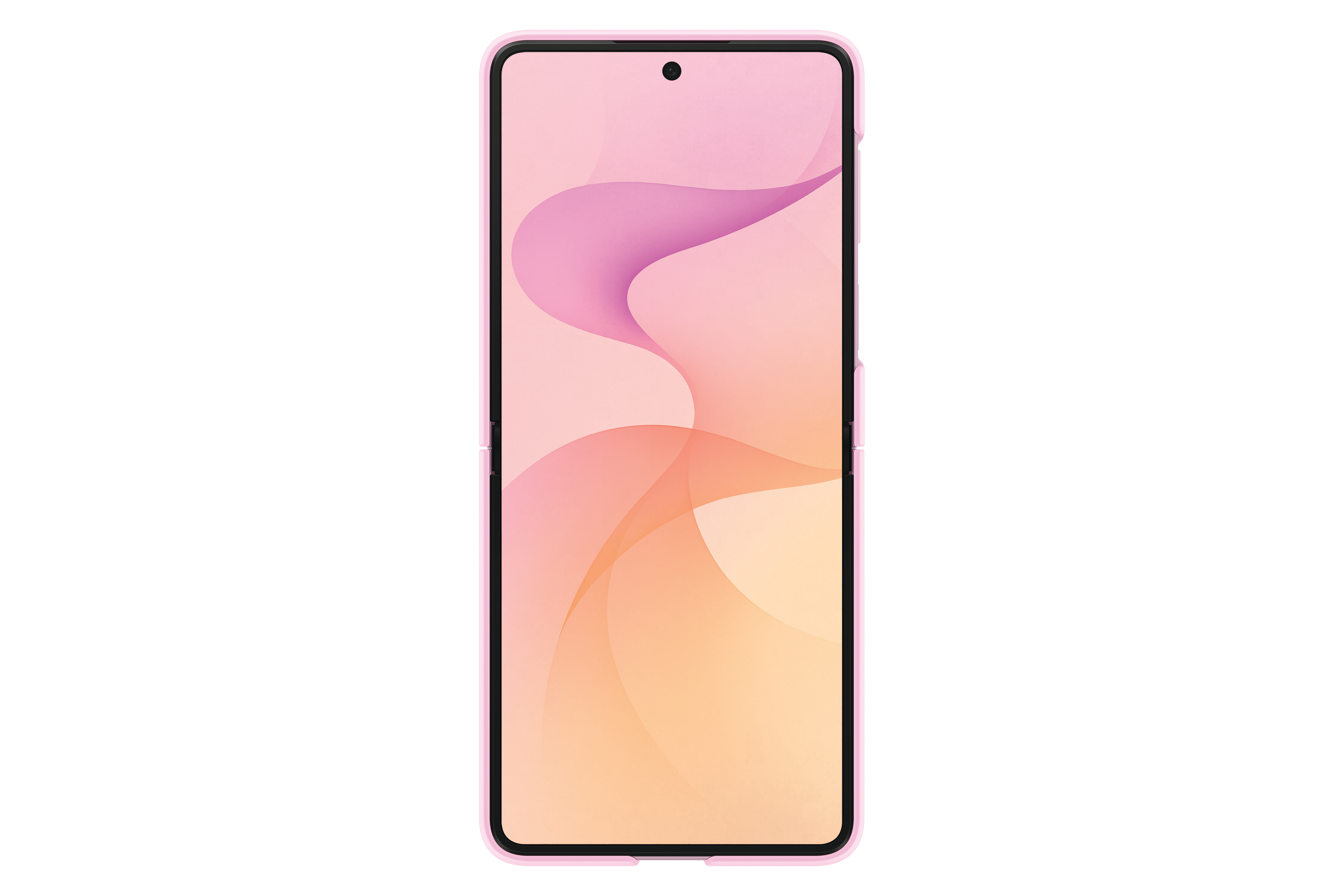 Ein pinkes Smartphone mit einem abstrakt bunten Hintergrund. Es hat eine Frontkamera.