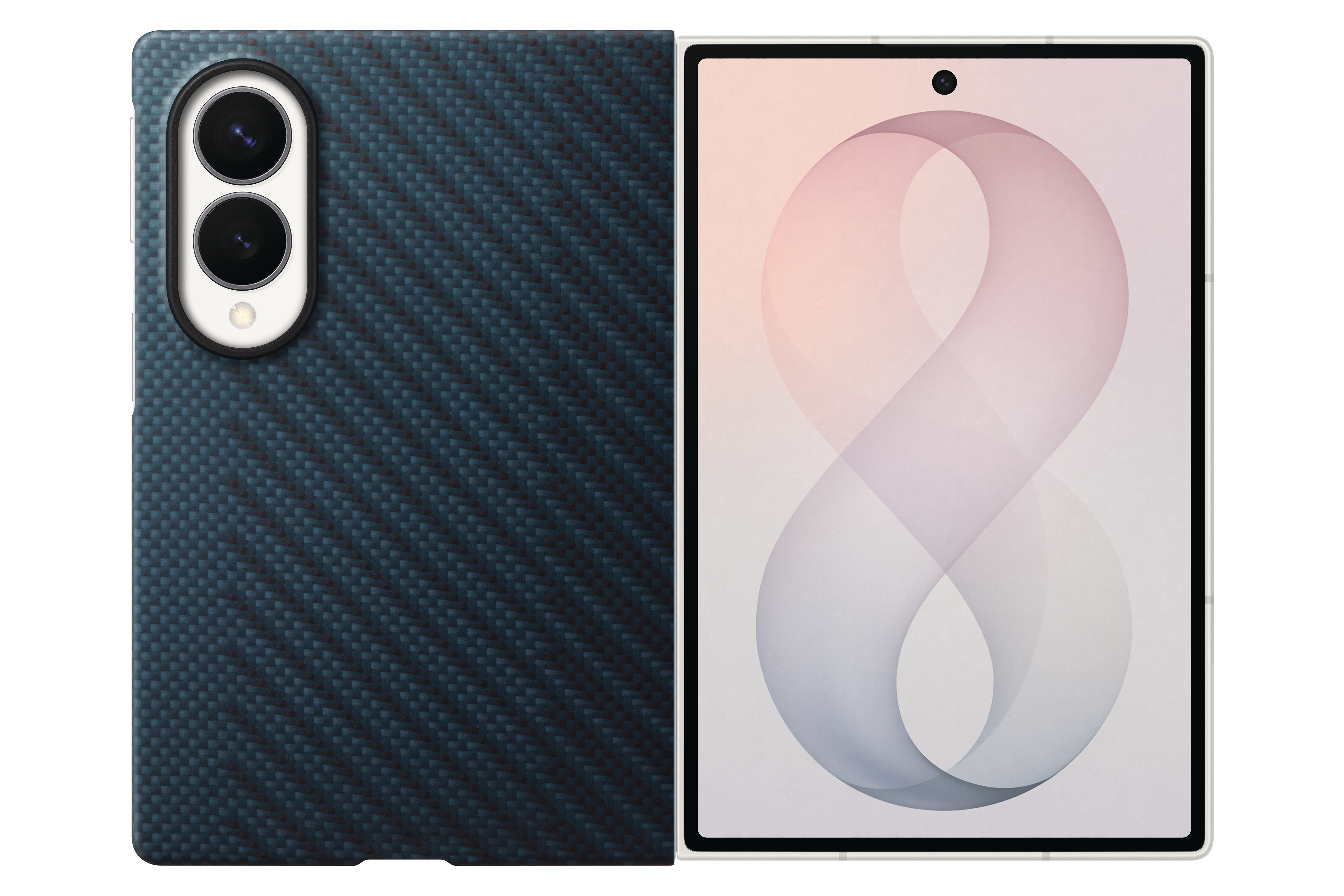 Ein geöffnetes Smartphone mit blauer Carbonfaser-Hülle und Kameramodul.