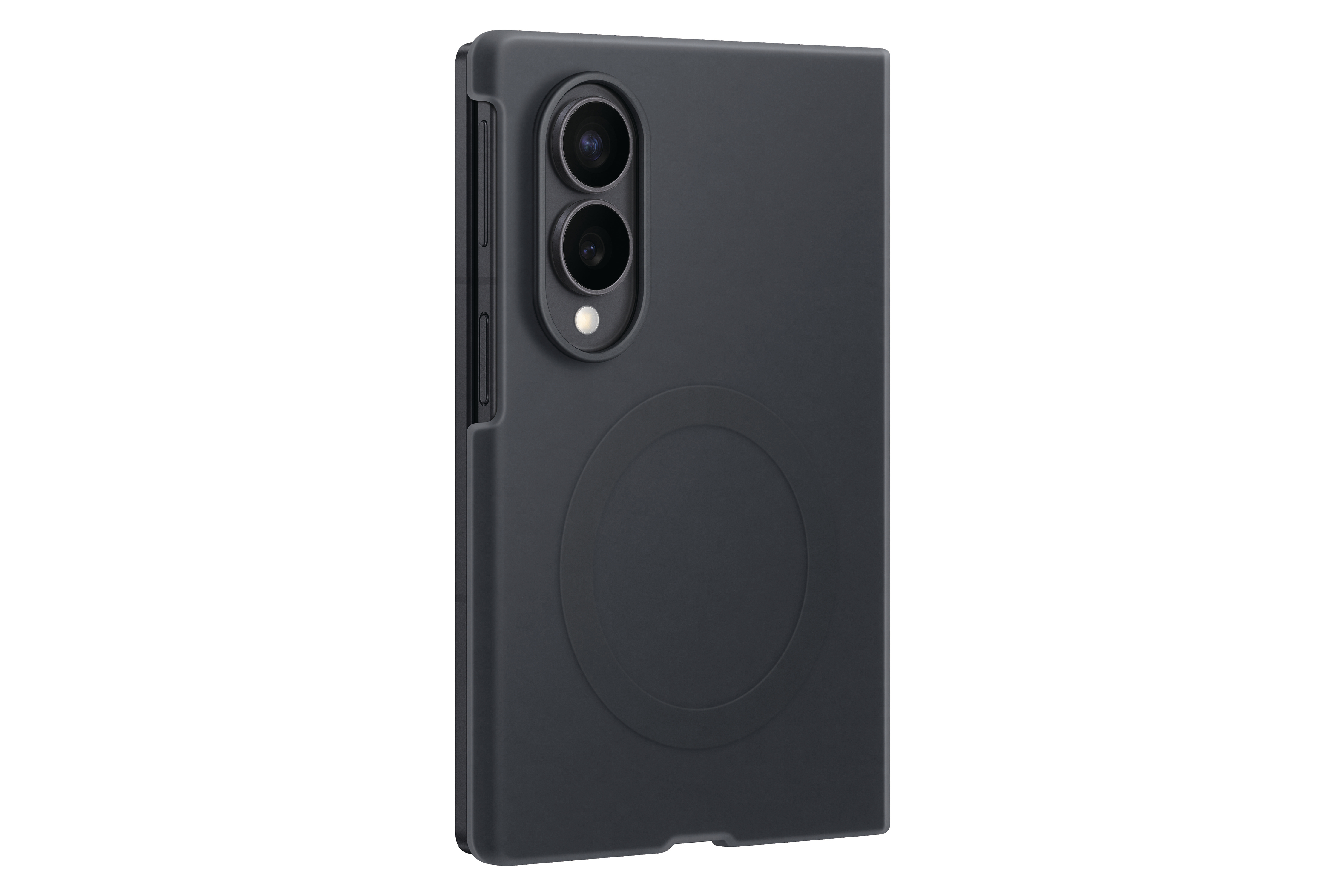Dunkelgraues Smartphone-Case mit Kameramodul und Kreisprägung.
