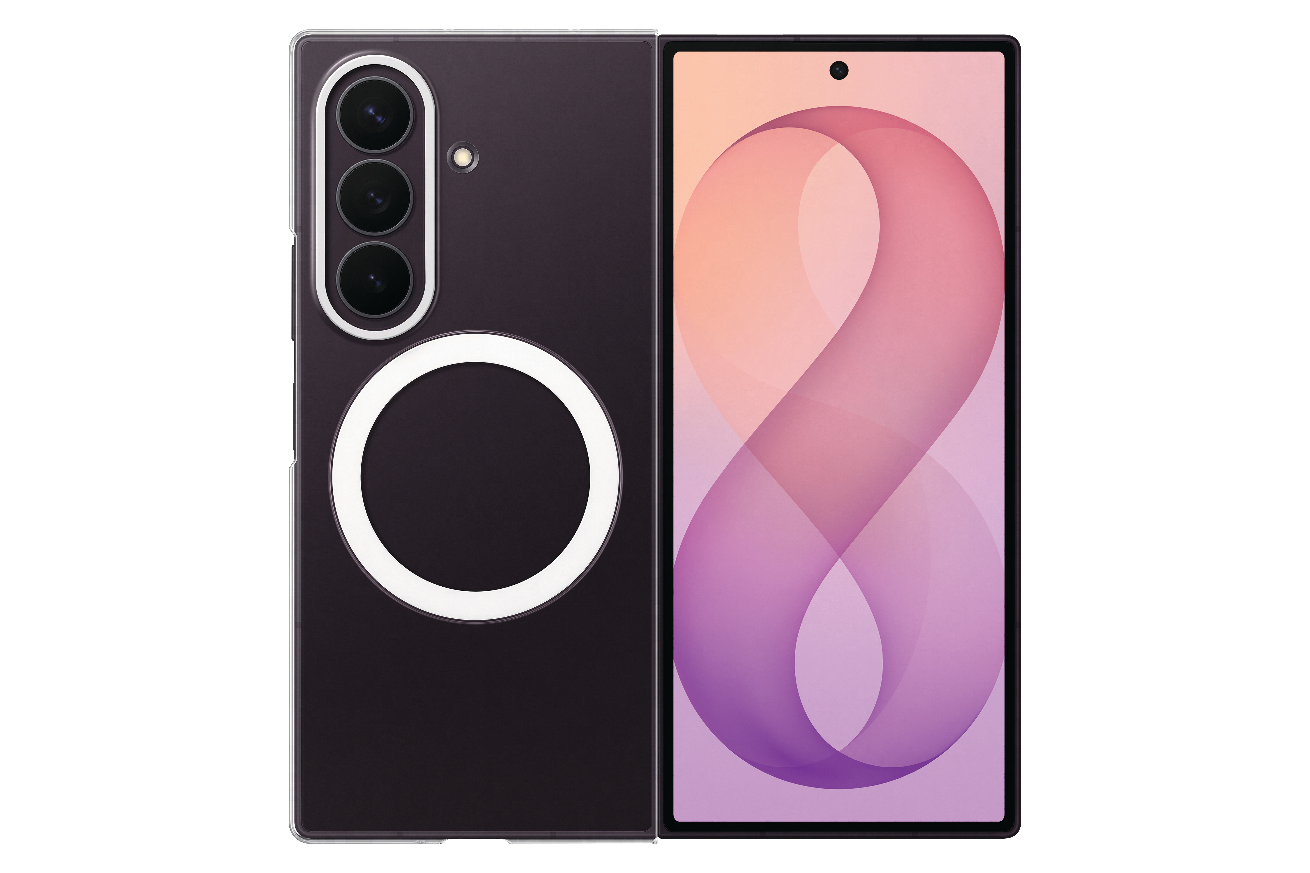 Dunkelviolettes Smartphone mit drei Kameras und einem Ringlicht auf der Rückseite. Der Bildschirm zeigt ein abstraktes Muster.