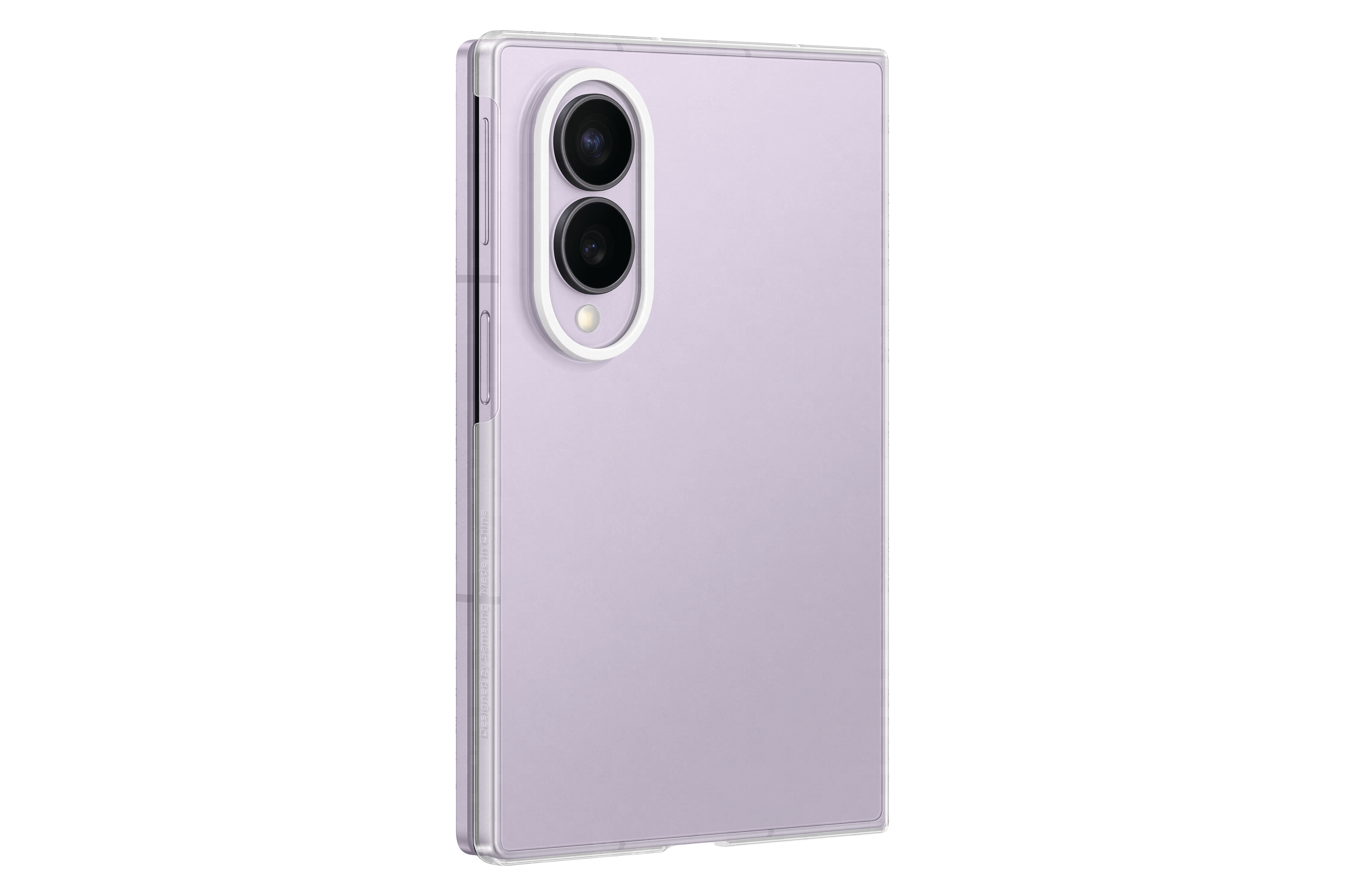 Ein lila Smartphone mit zwei Kameras und silbernem Rand, auf weißem Hintergrund.