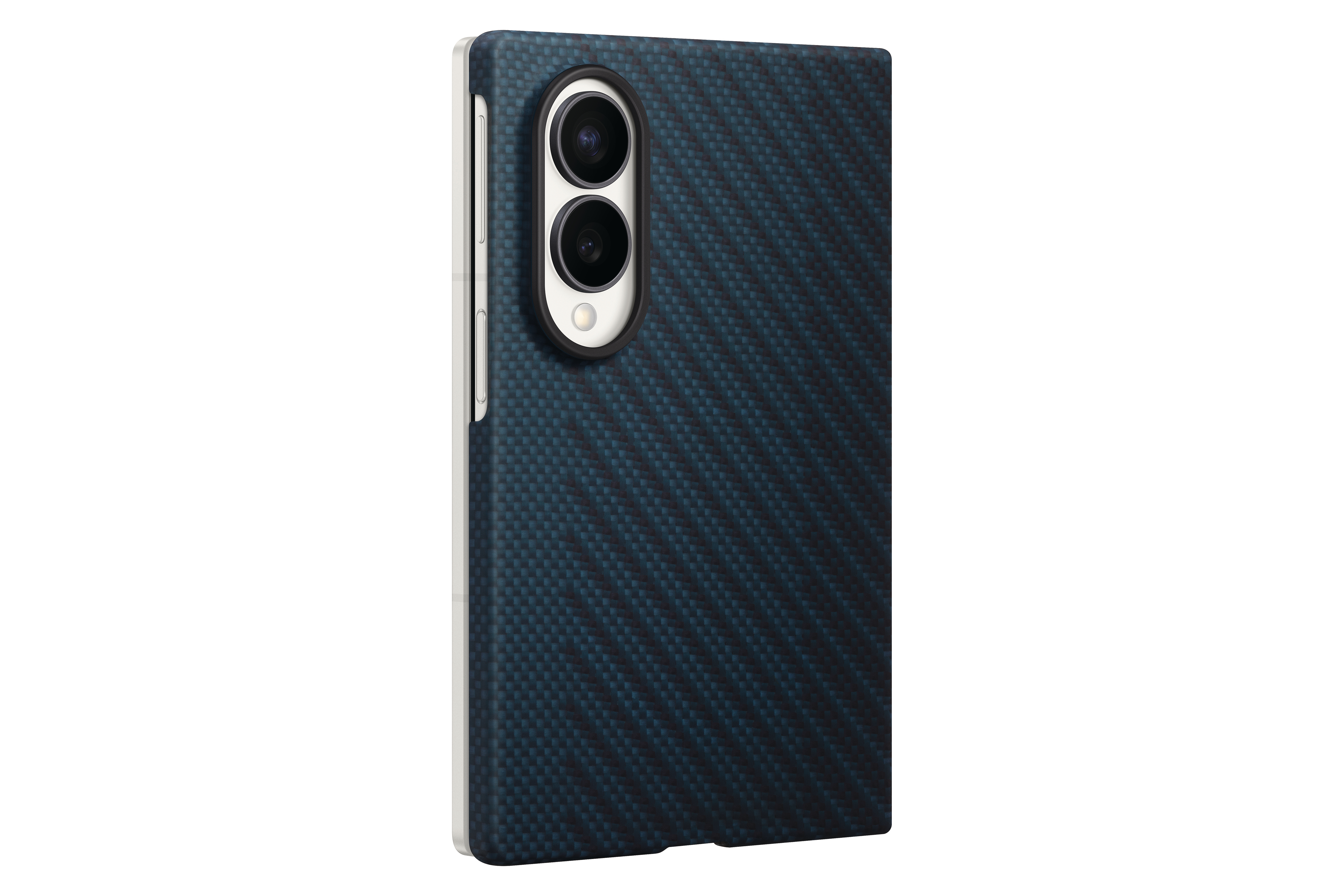 Dunkelblaues Handy-Case mit Karbonfaser-Muster und Kameralinsen.