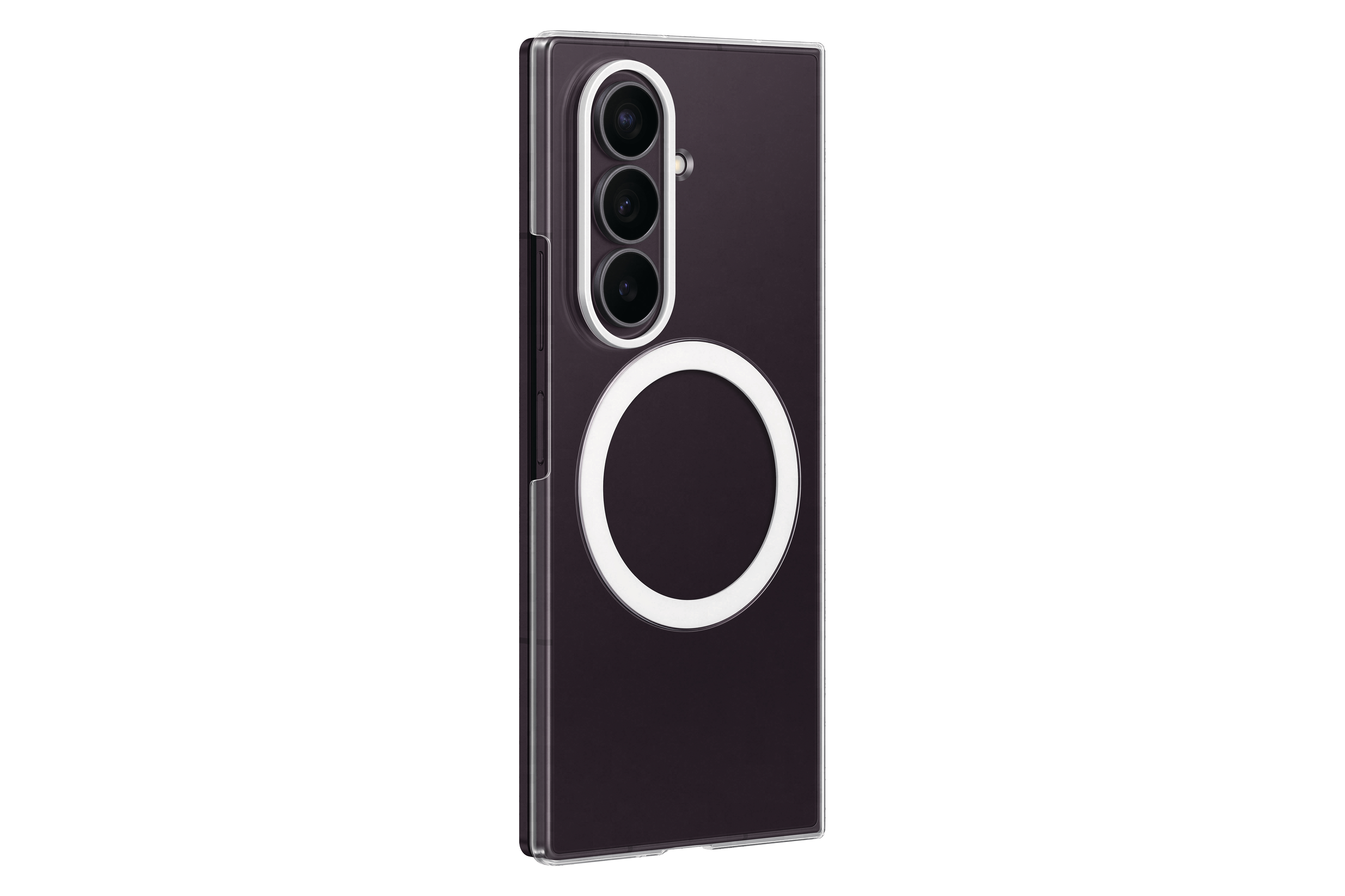 Dunkelviolettes Smartphone mit drei Kameras und weißem Magnetring.