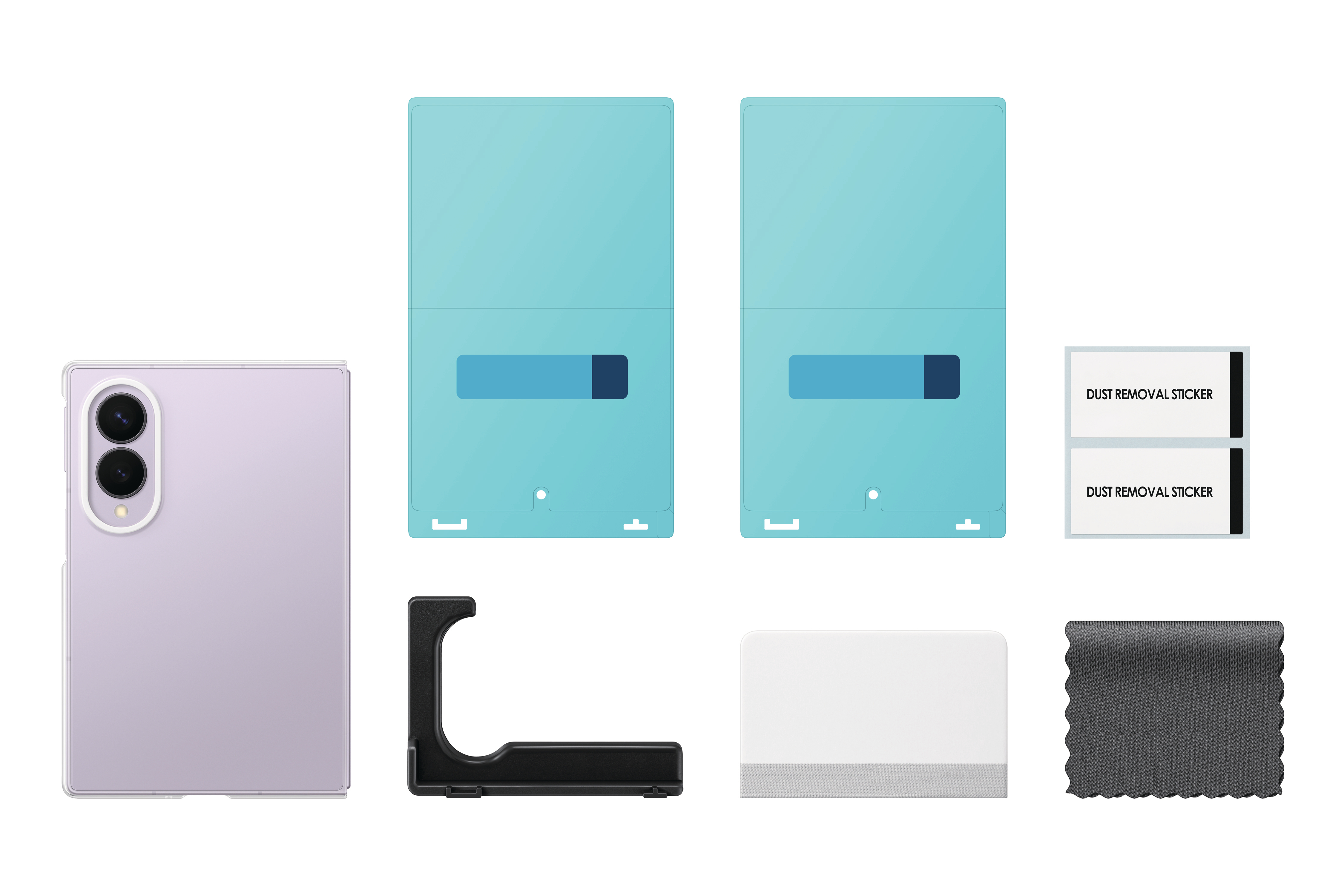 Ein lila Smartphone liegt neben blauen Schutzfolien, einem schwarzen Halter, einem weißen Tuch und Staubentferner-Aufklebern.