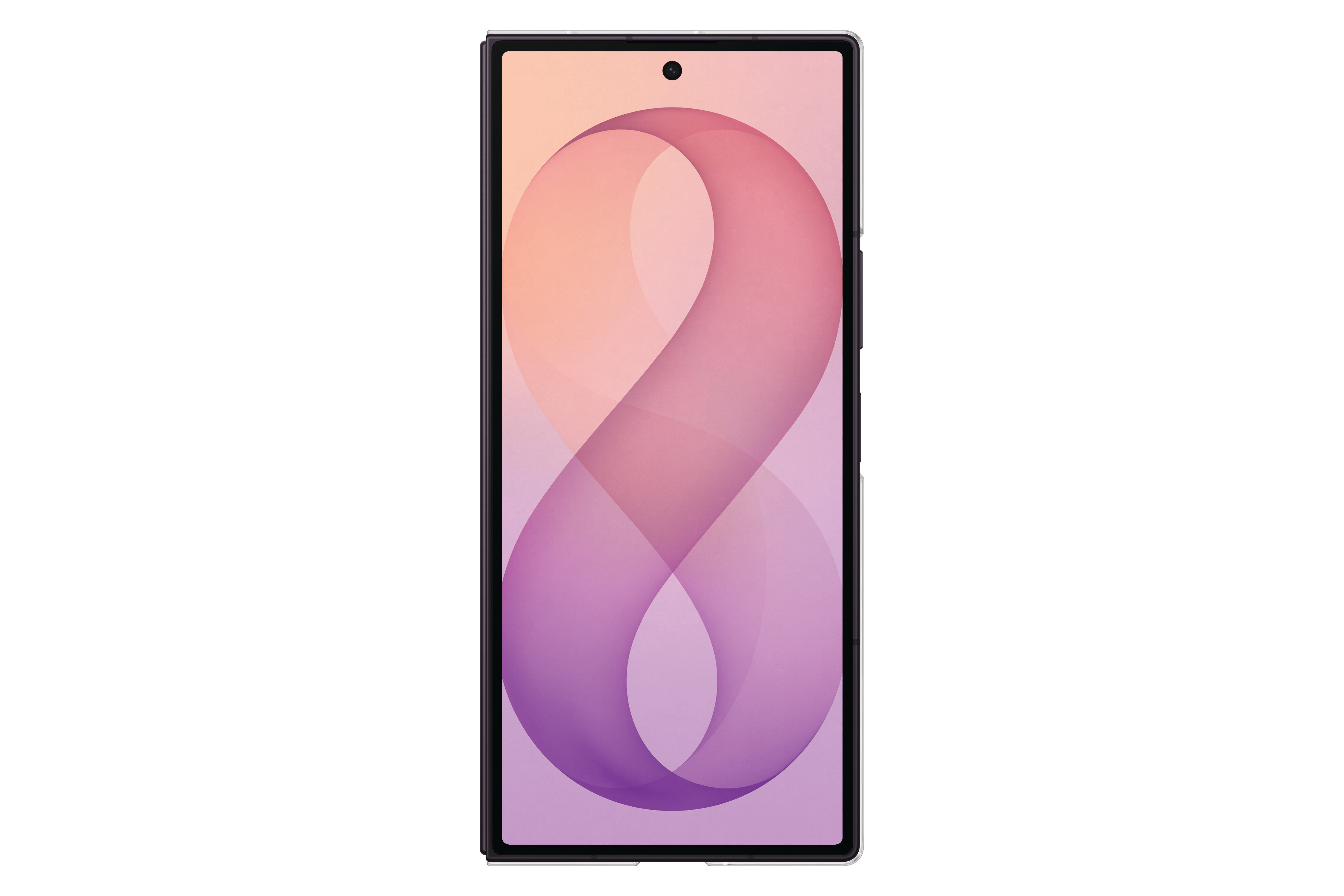 Ein dunkles Smartphone mit einem hellen, abstrakten Hintergrund in Pfirsich- und Lilatönen.