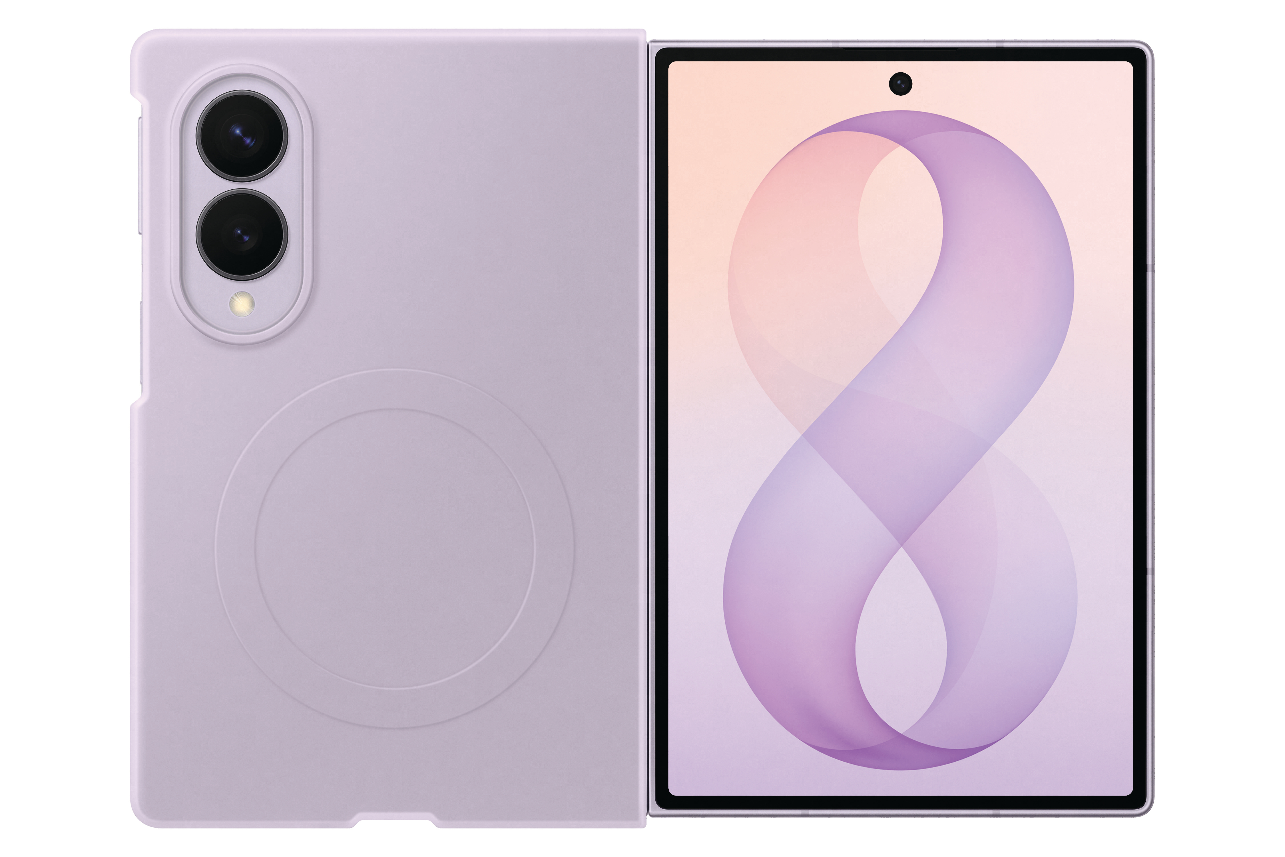 Ein lilafarbenes Smartphone mit zwei Kameras auf der Rückseite und einem geöffneten Bildschirm.