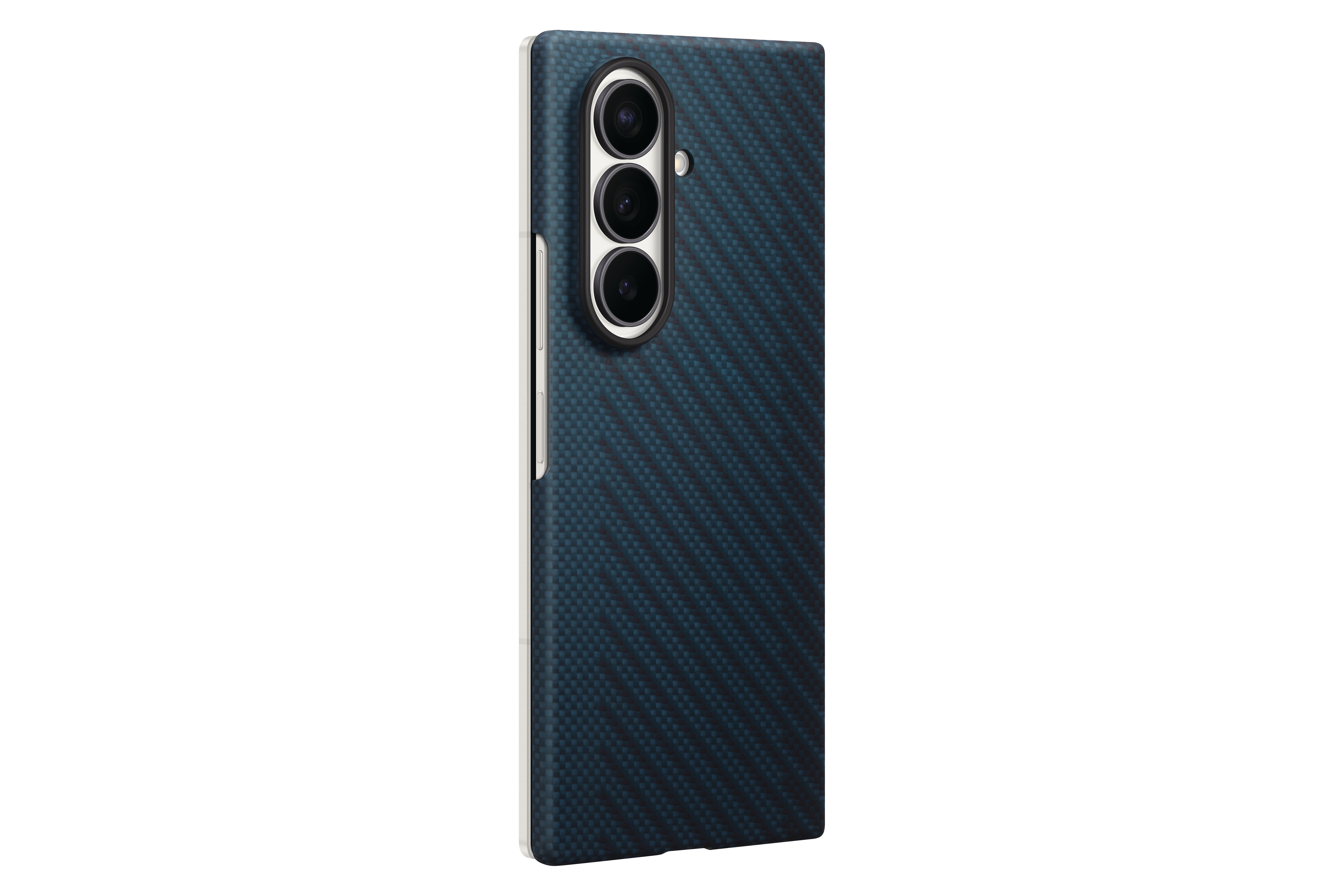 Ein blaues Smartphone mit Carbon-Muster und drei Kameras im Kreis.