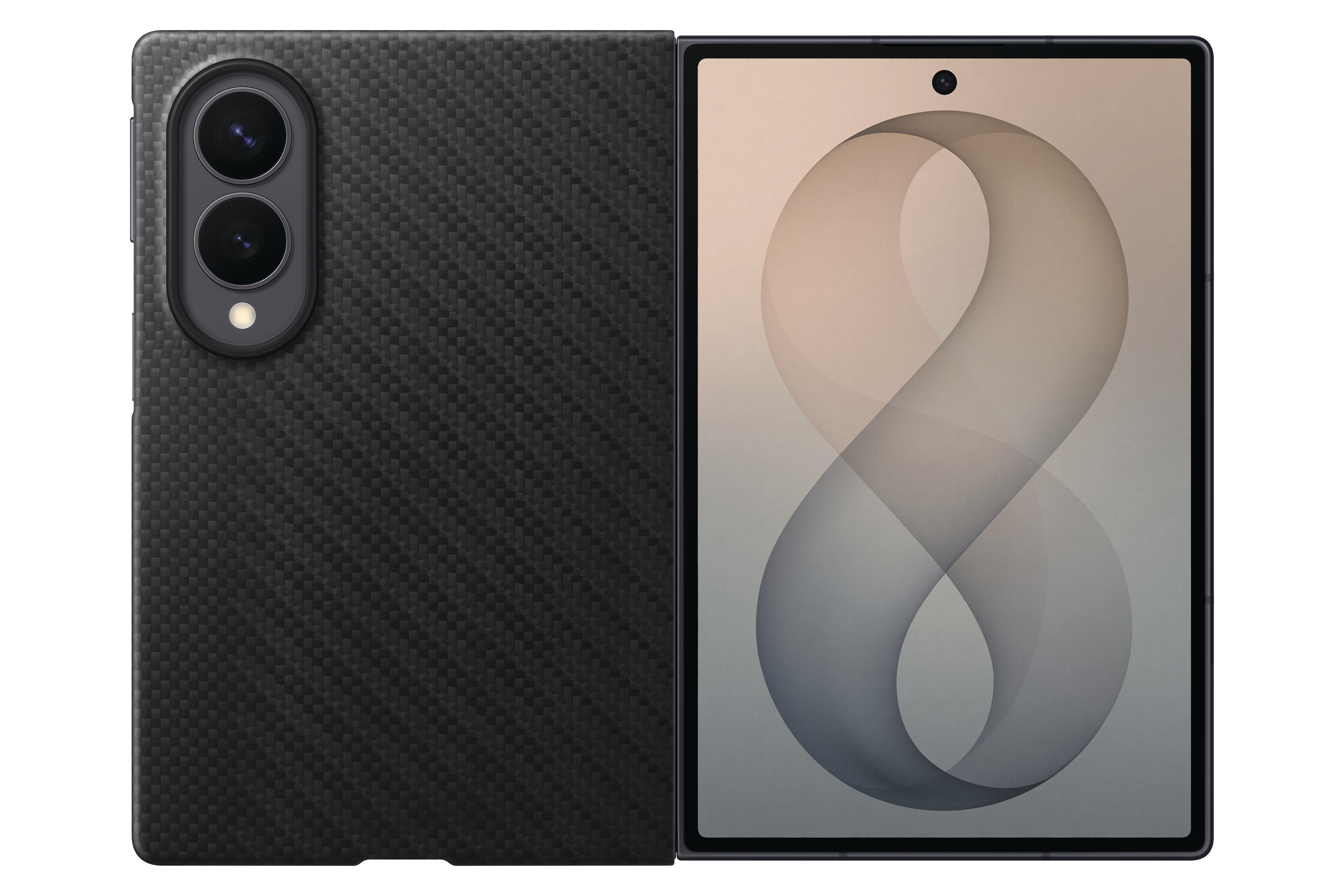 Ein schwarzes Handy mit Karbonmuster auf der Rückseite und zwei Kameras. Der Bildschirm zeigt eine abstrakte Grafik.
