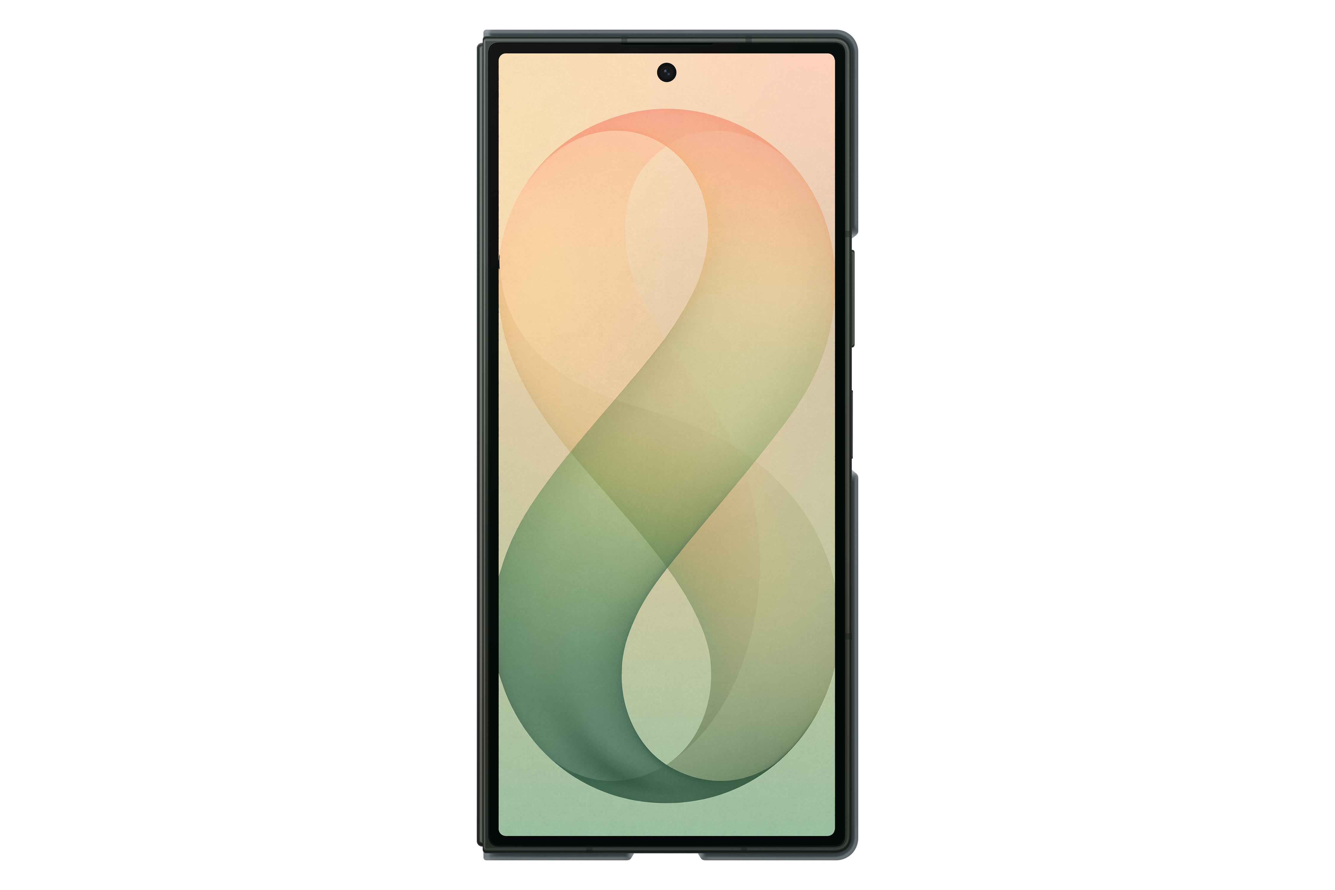 Smartphone mit einem abstrakten Wellenmuster auf dem Bildschirm in Grün- und Orangetönen.