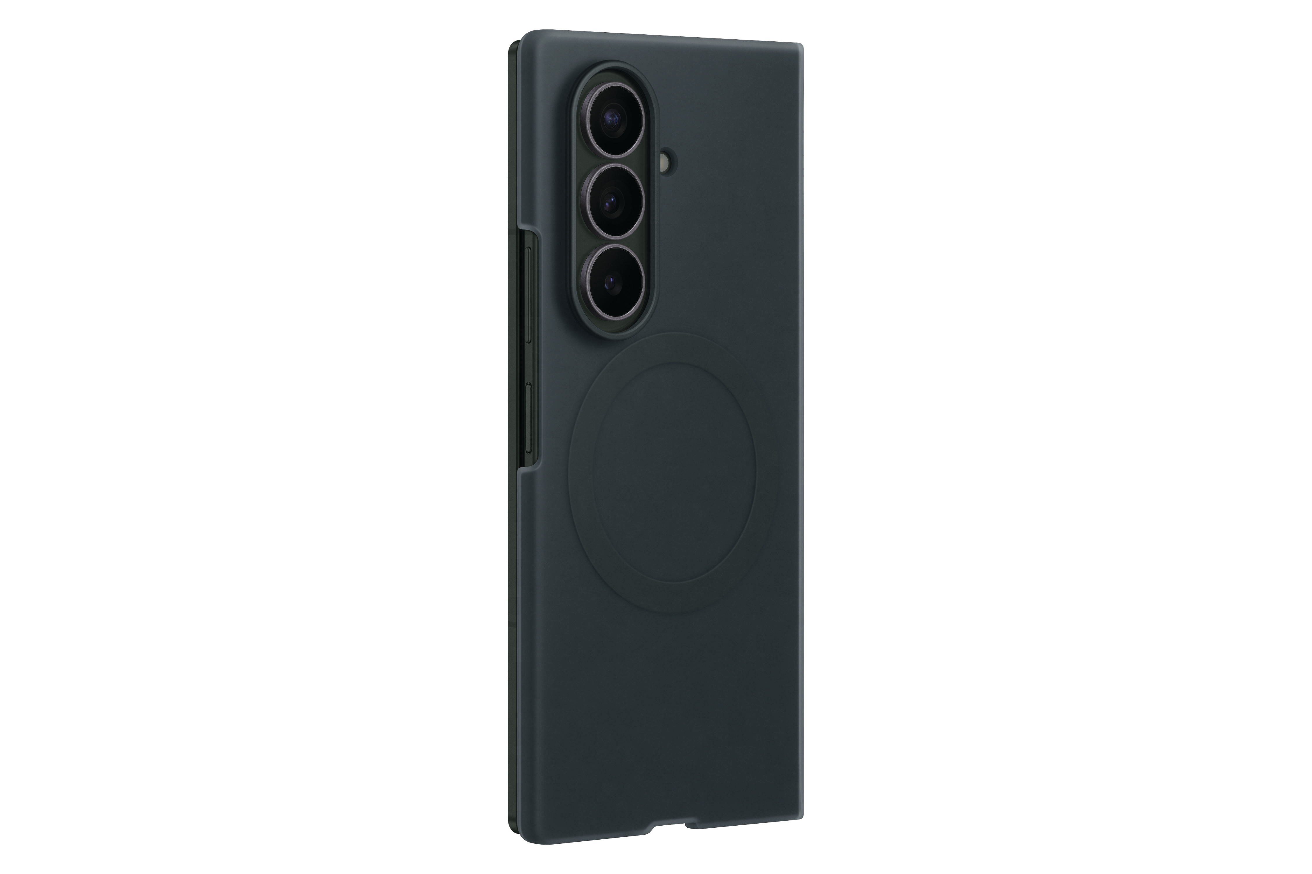 Dunkelgraues Handy-Case mit drei Kameralinsen und einem kreisförmigen MagSafe-Bereich.