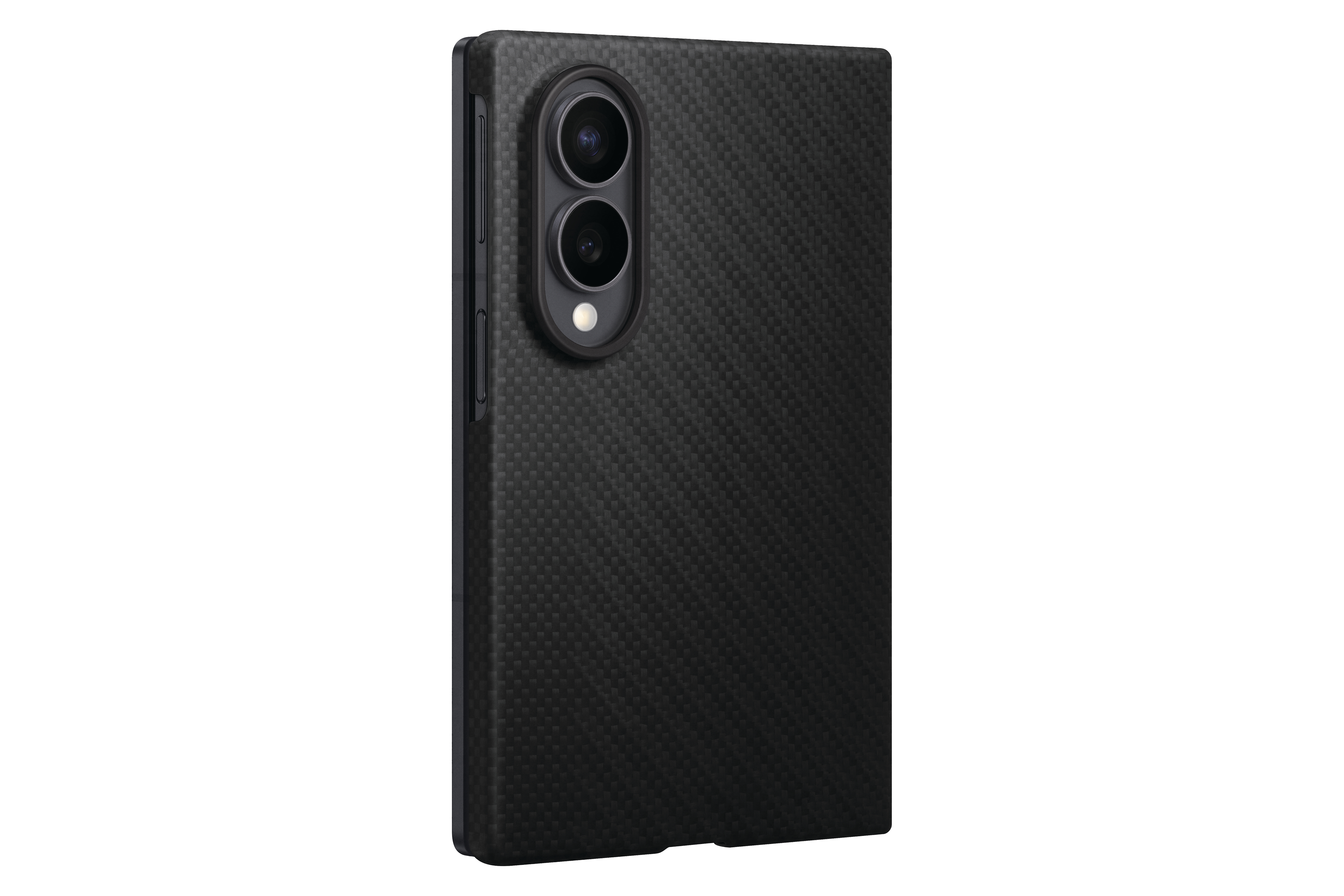 Schwarzes Handy mit Carbonstruktur und Kameralinsen auf der Rückseite.