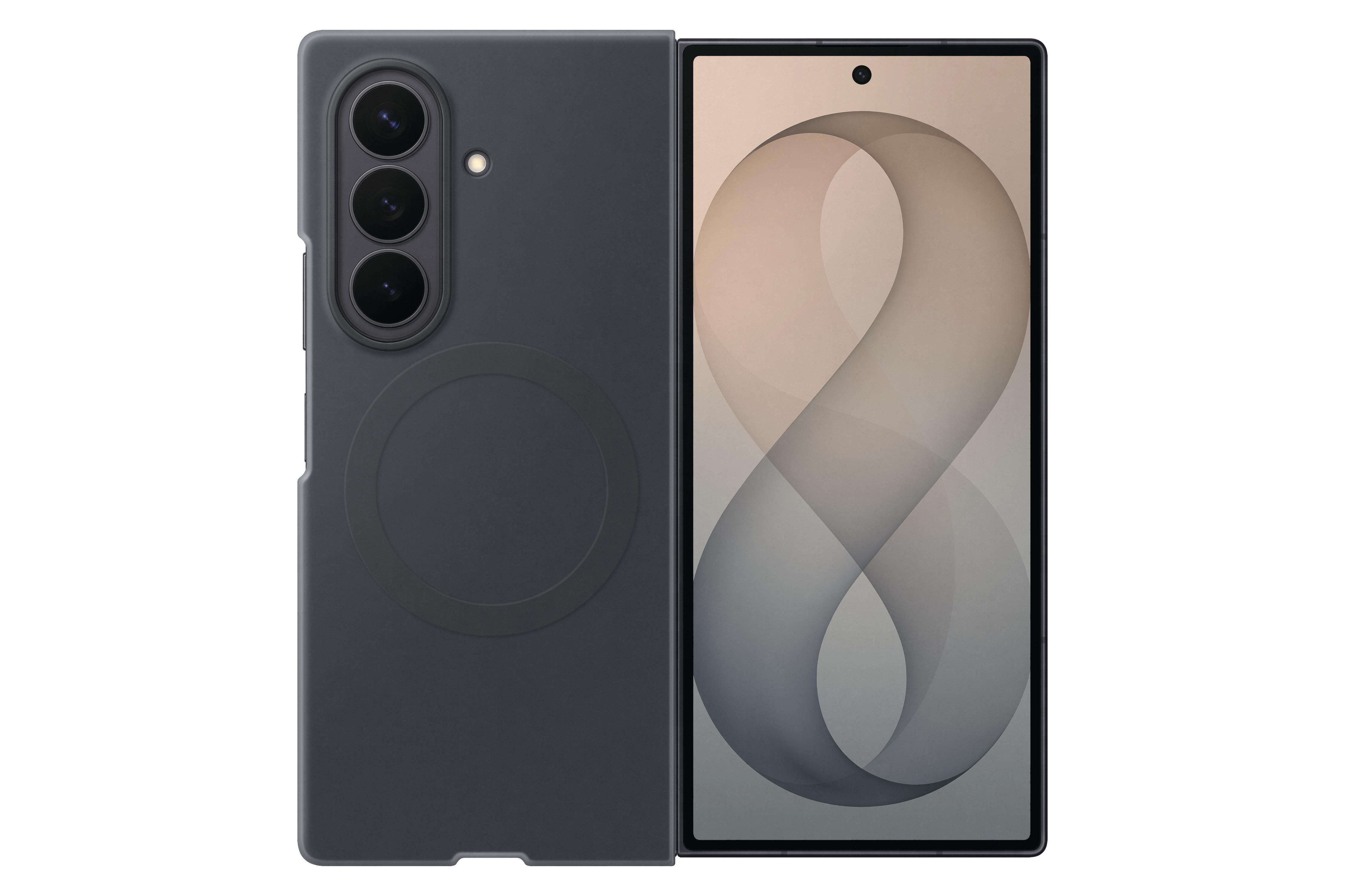 Ein dunkler Handyschirm mit einem stilisierten 8-Design und der Rückseite eines Smartphones mit drei Kameras.
