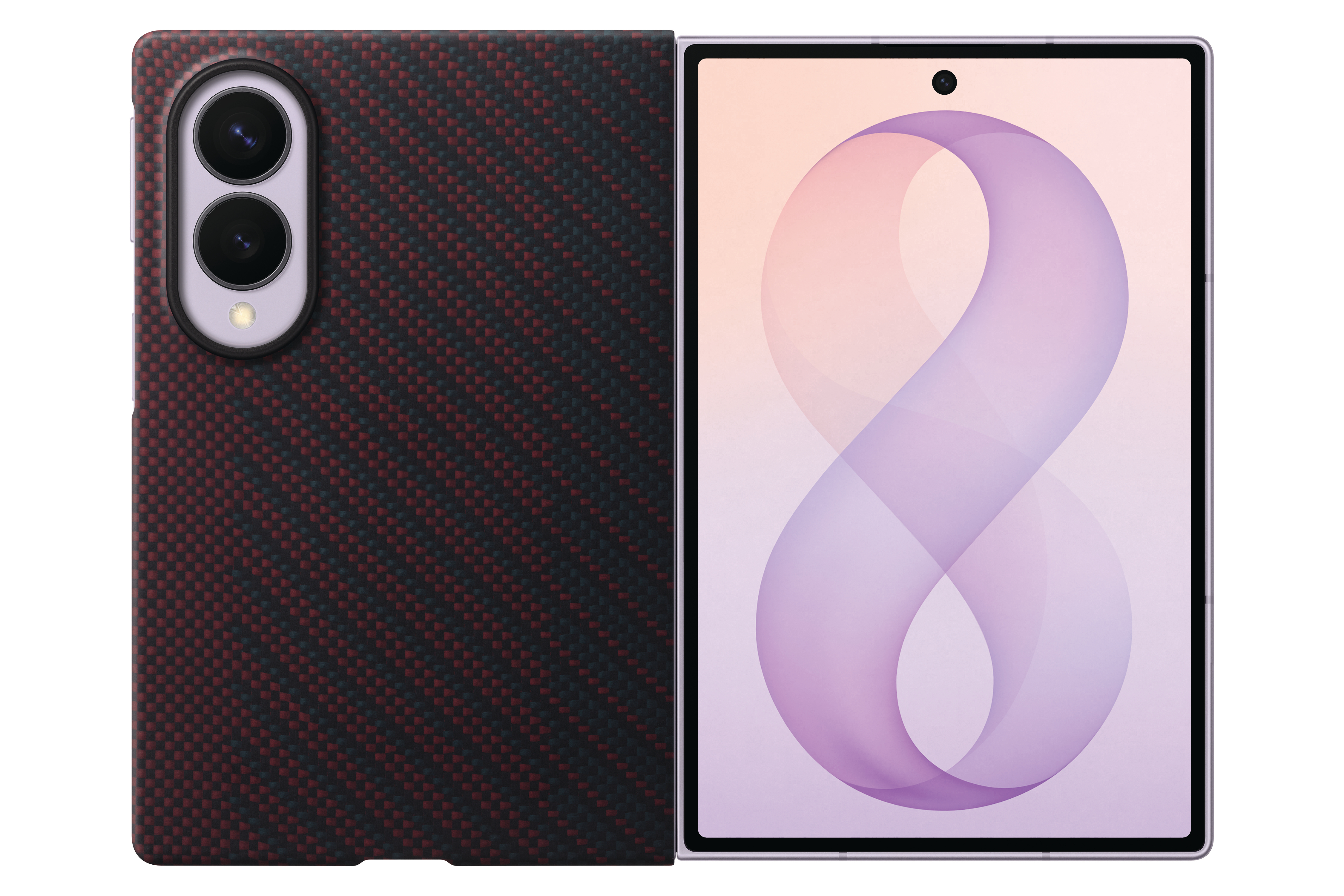 Ein Smartphone mit schwarzem Karbonfaser-Muster-Case und geöffnetem Bildschirm mit lilafarbener Grafik.