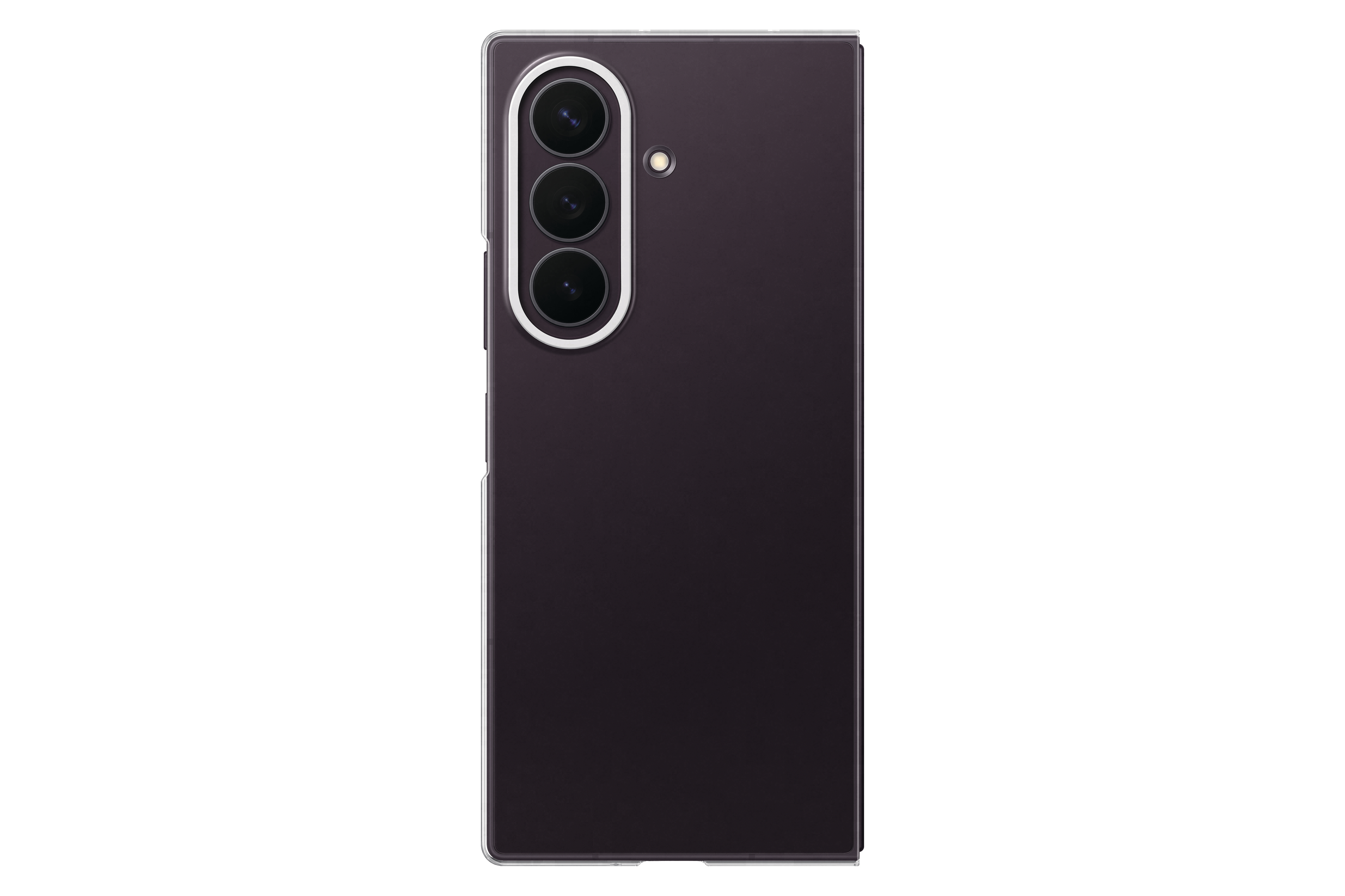 Dunkelviolettes Smartphone mit drei Kameralinsen und Blitz.