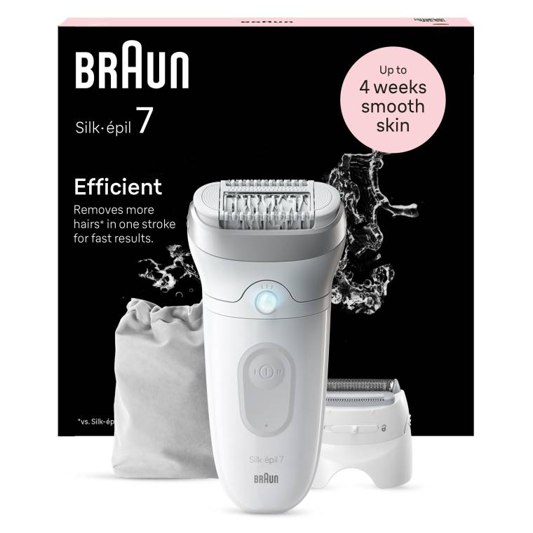 Aksesuar ve ürün bilgileri içeren beyaz Braun Silk-épil 7 epilatör.