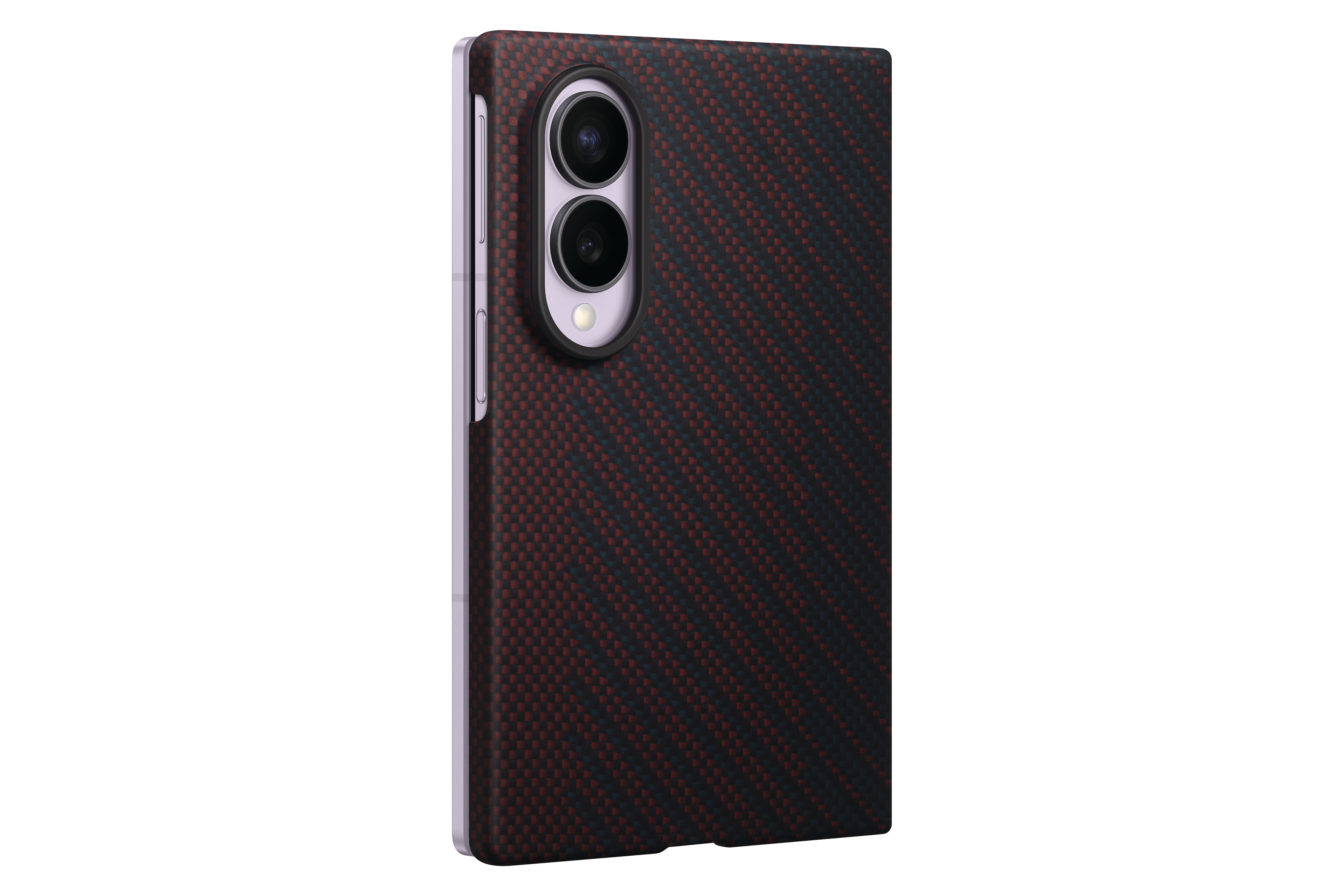 Ein Smartphone mit Carbon-Muster-Hülle und doppelter Kameraeinheit.
