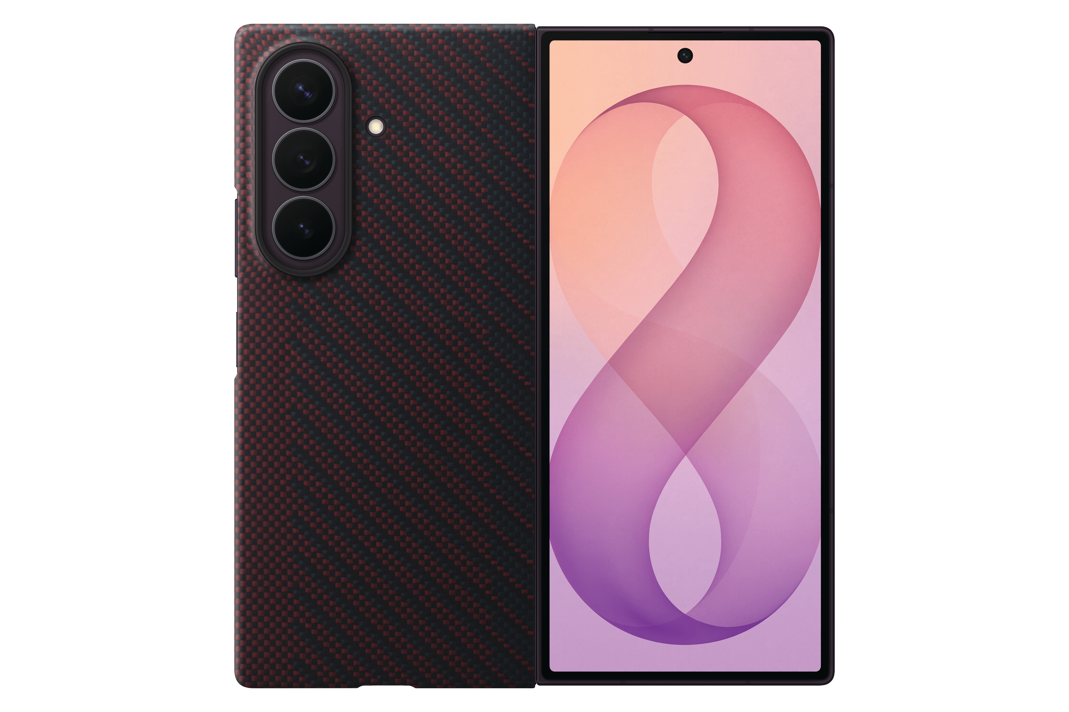 Ein faltbares Smartphone mit schwarzem Karbonfaser-Muster und drei Kameras.