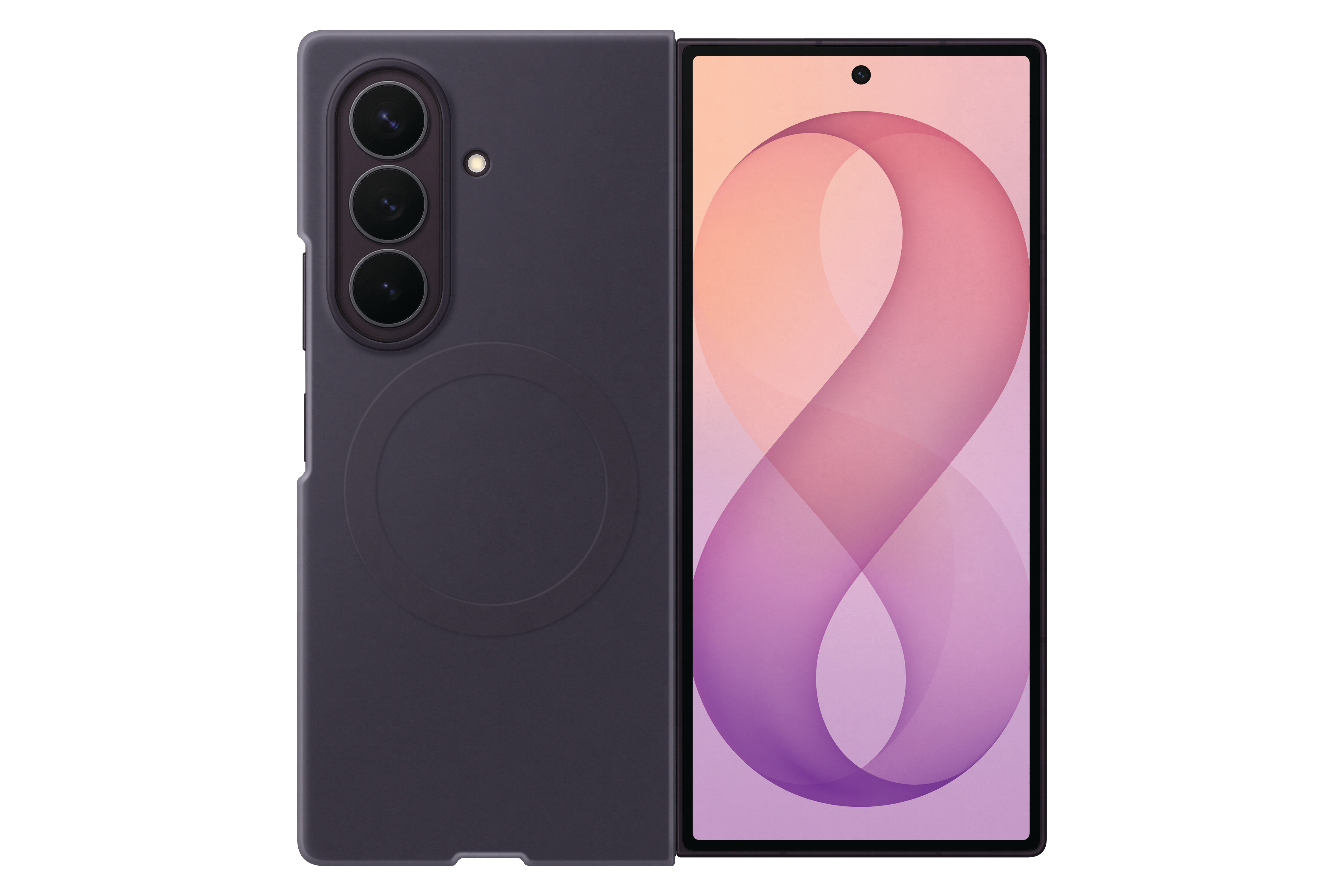 Dunkelgraues Handy mit drei Kameras und einem Kreis auf der Rückseite. Daneben ein Smartphone mit pinkem Hintergrund.