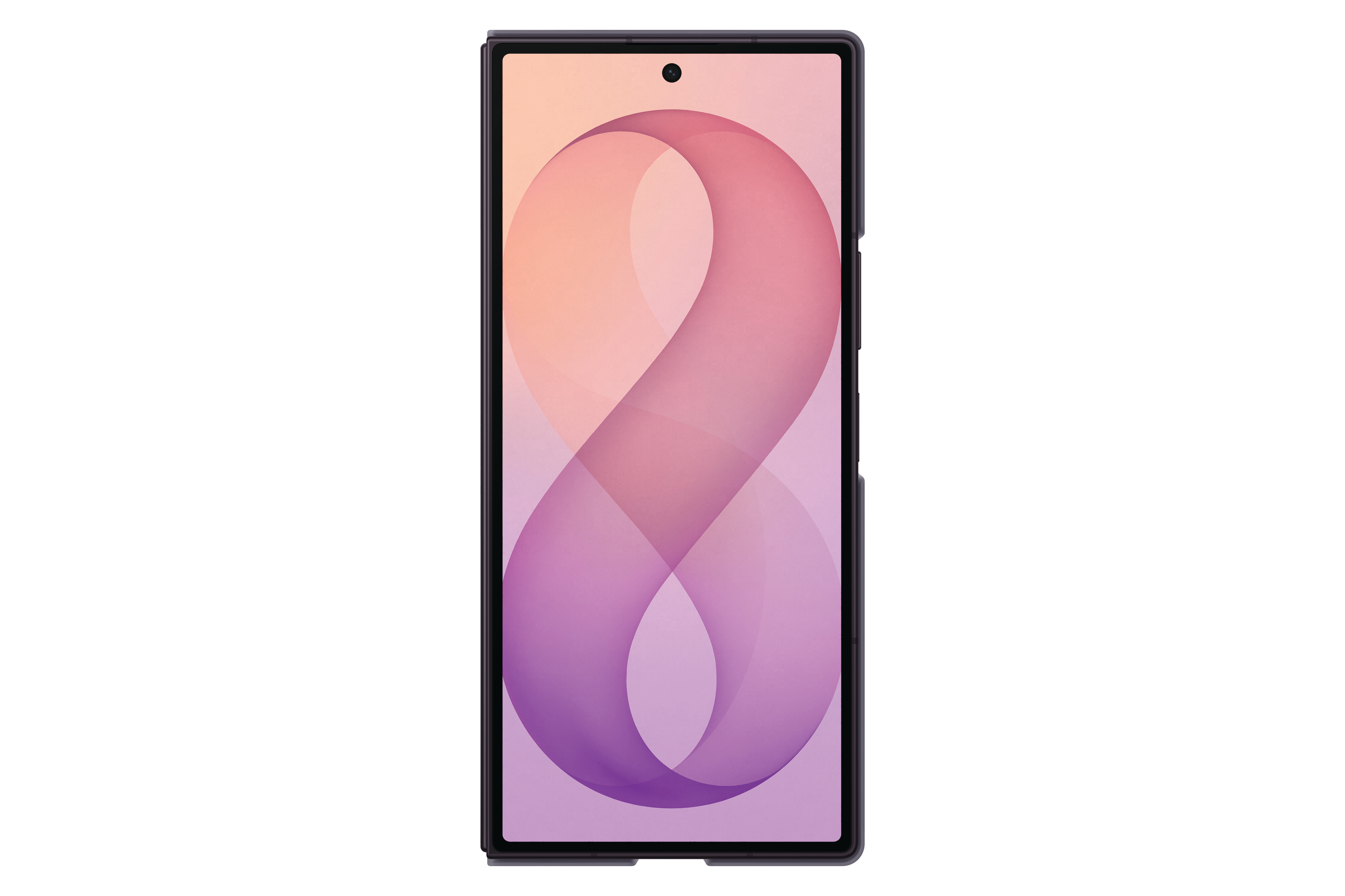 Ein dunkles Smartphone mit einem abstrakten, violett-orangen Hintergrundbild.
