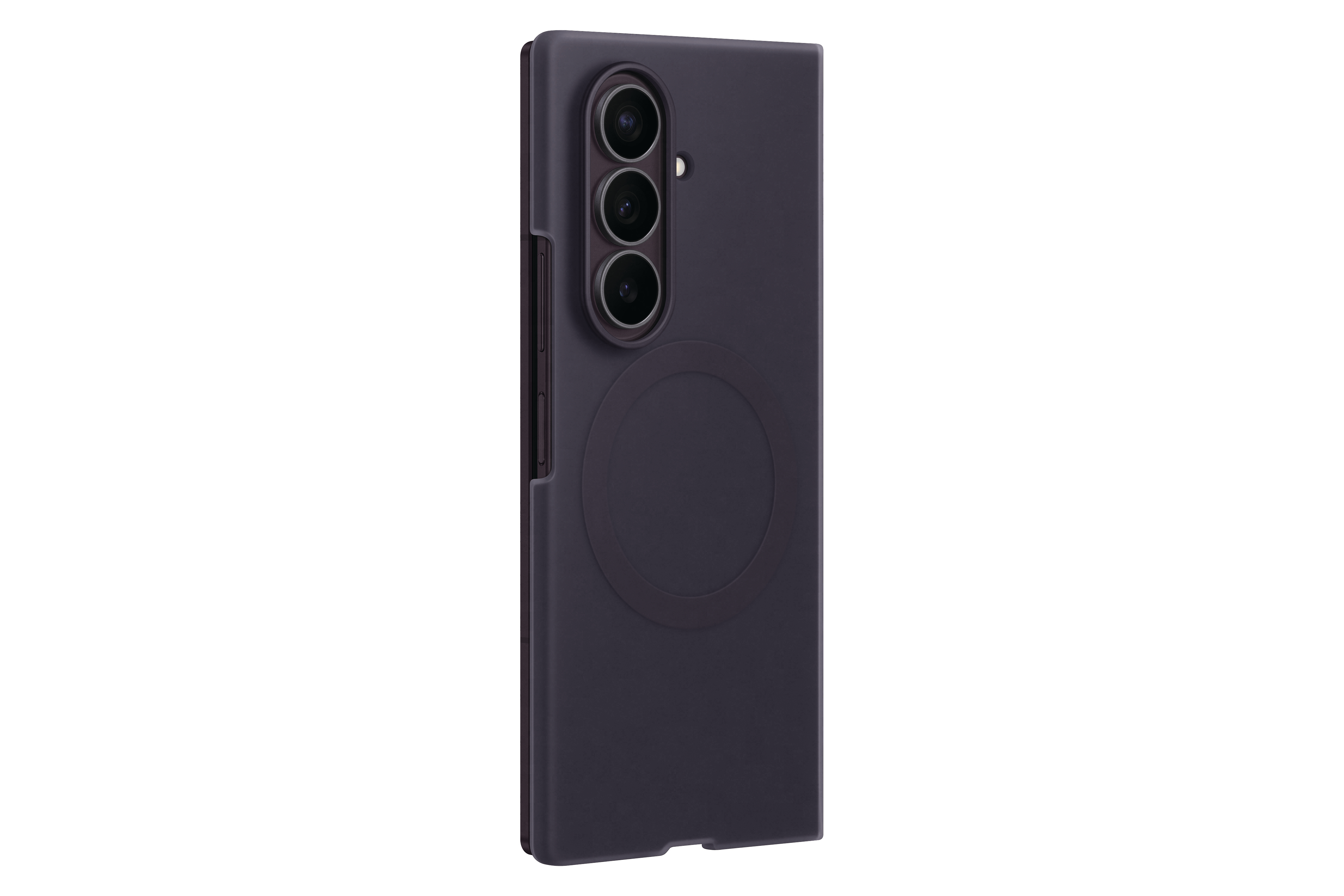 Dunkelgraues Handy-Case mit drei Kameralinsen und einem runden Magnetring.