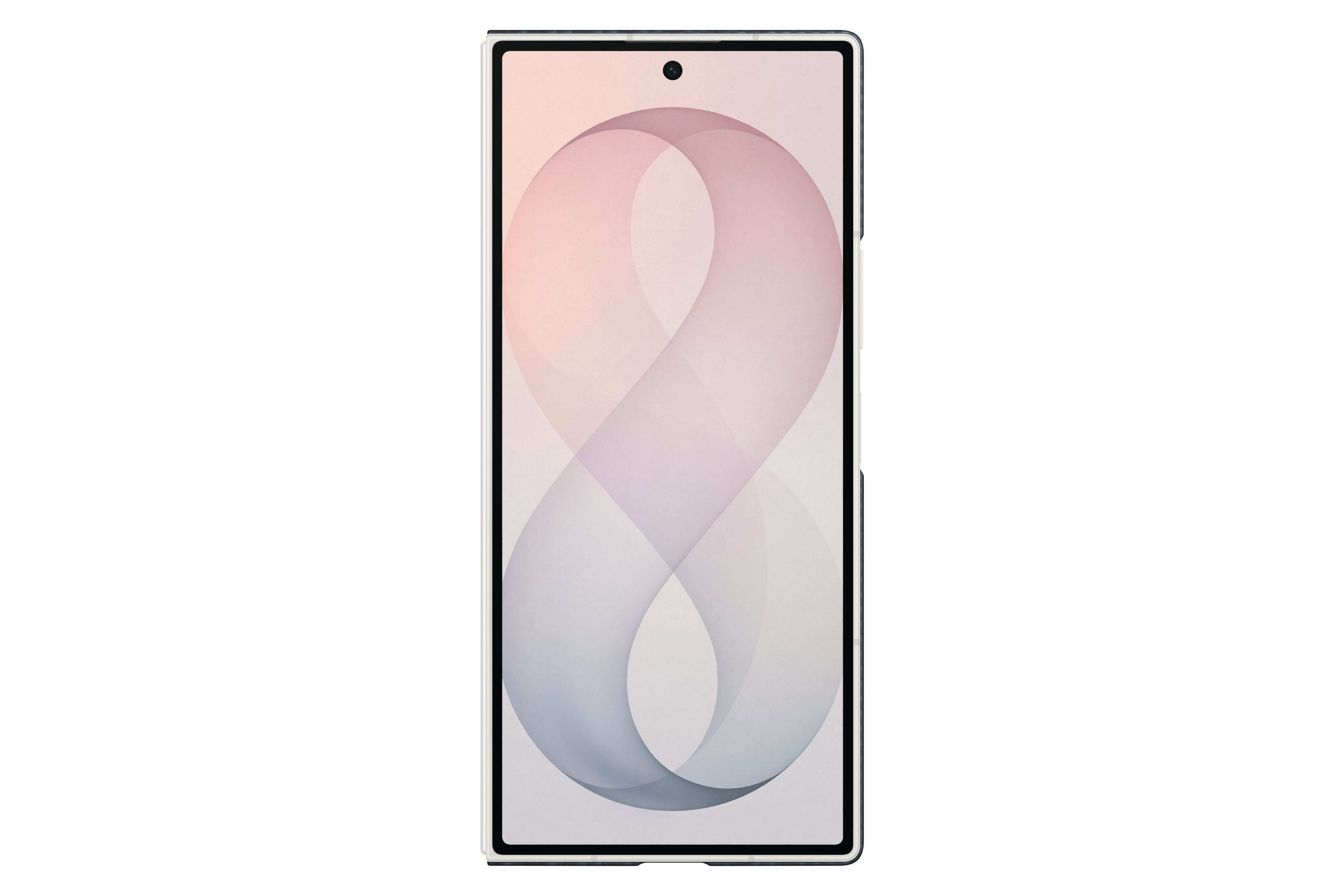 Ein Smartphone mit minimalistischer abstrakter Tapete aus weichen, fließenden Linien in Pink und Grau.