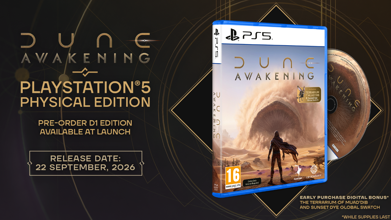 Fizyczne wydanie Dune Awakening na Playstation 5 z pudełkiem i płytą. Data premiery 22 wrz. 2026.