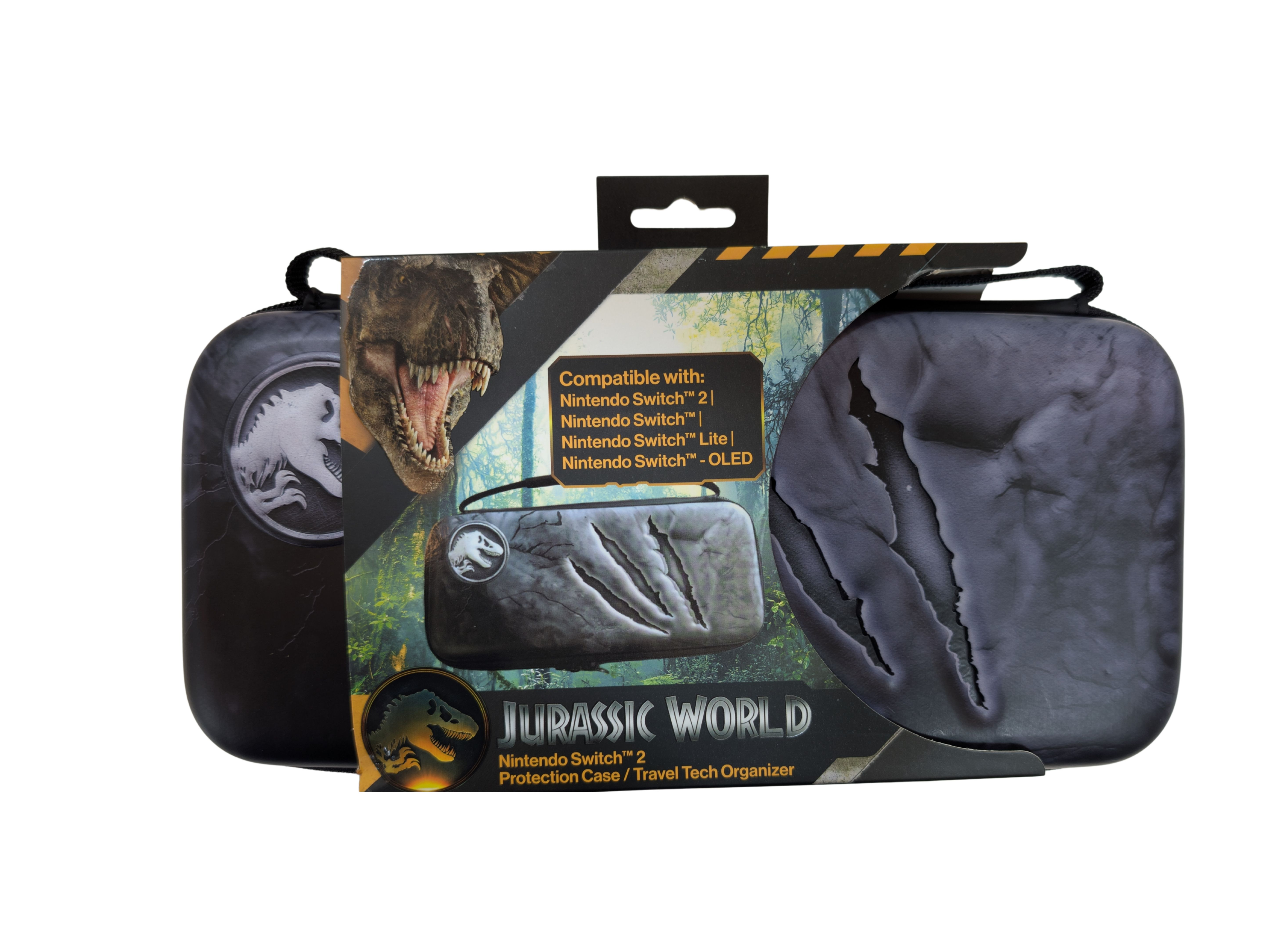 Jurassic World Nintendo Switch Schutzhülle mit T-Rex und Klauenabdrücken.
