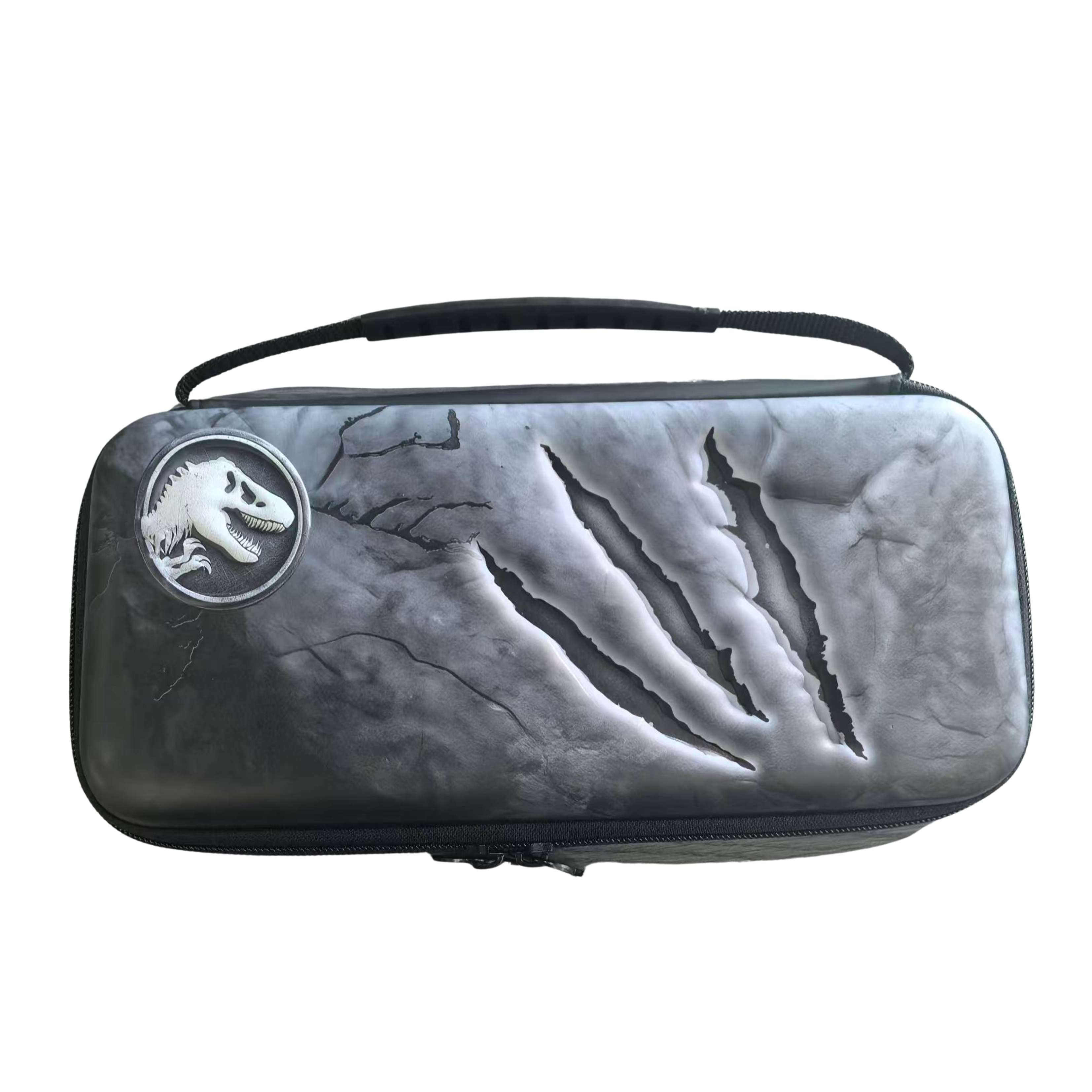 Graue Tasche mit Jurassic World Logo und Kratzspuren.