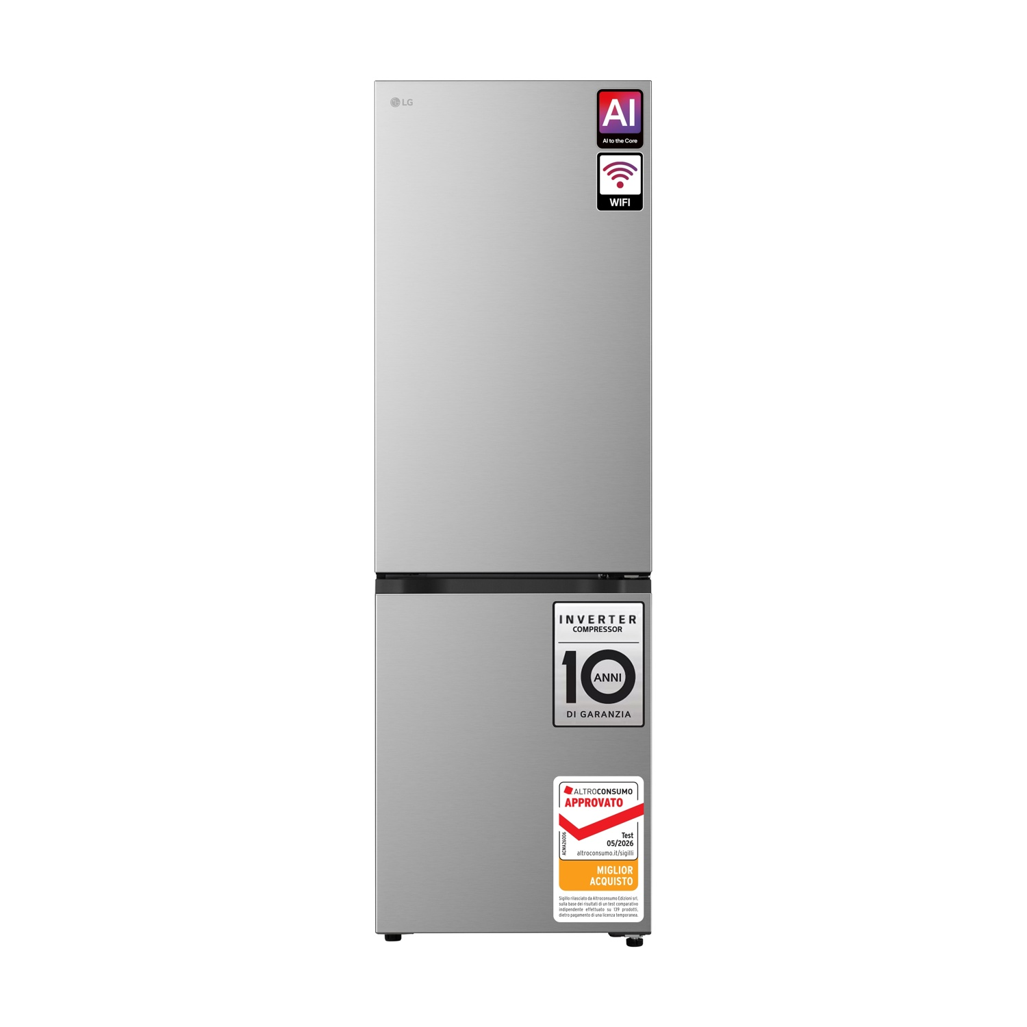 Frigorifero LG argento con adesivi AI e WiFi e sigilli di garanzia.