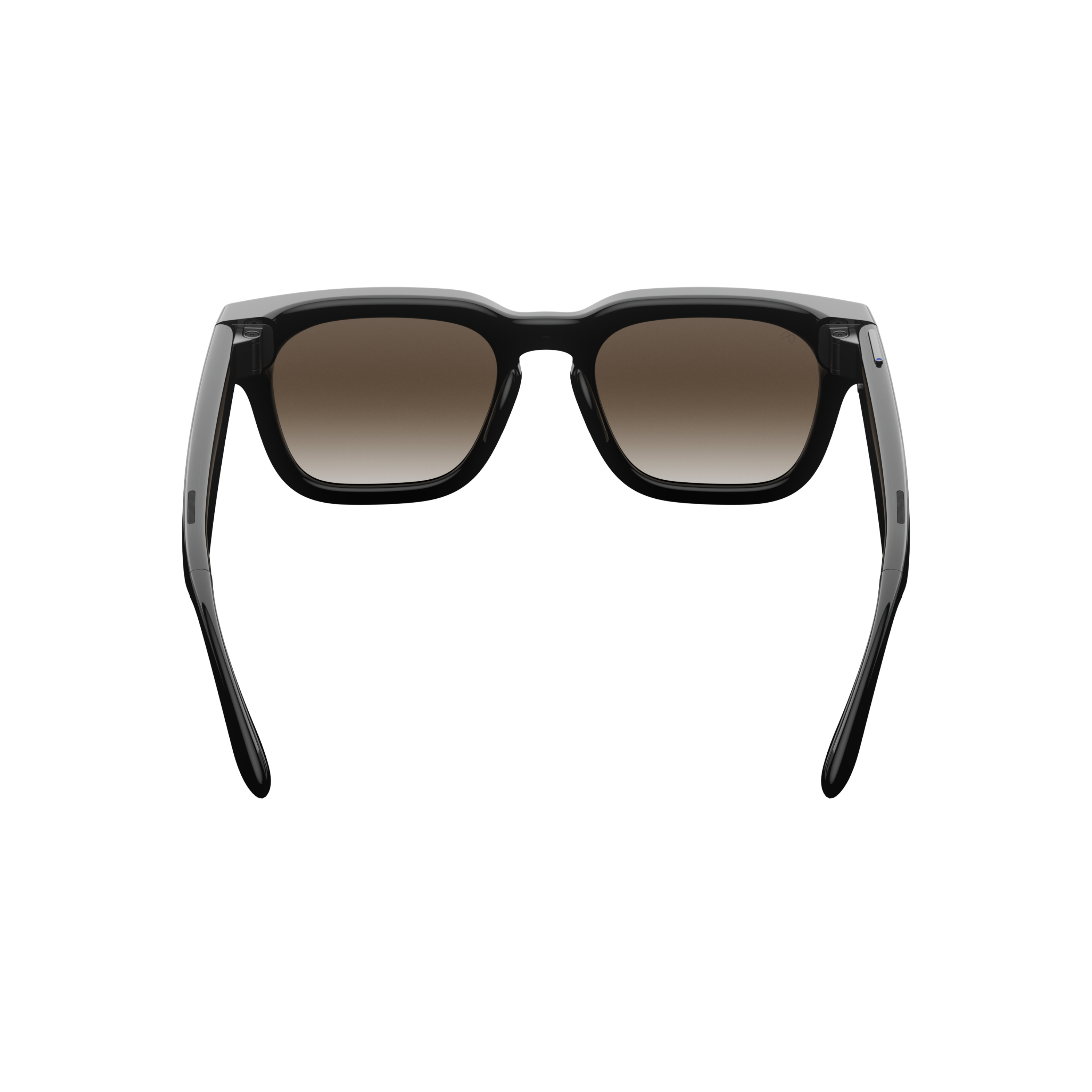 Schwarze Sonnenbrille mit braunen Gläsern und einem dicken Rahmen.