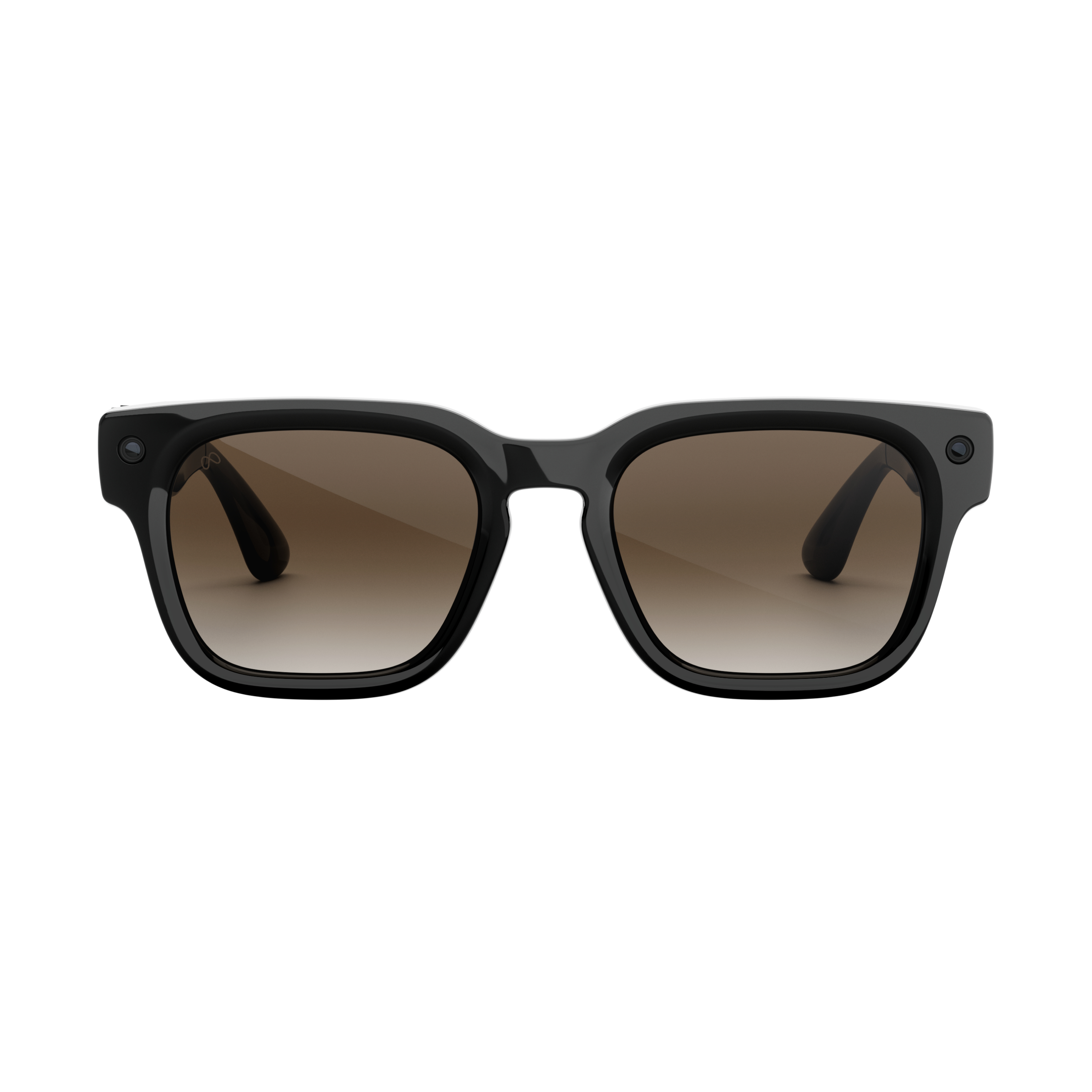 Schwarze rechteckige Sonnenbrille mit braunen Gläsern und Kameras an den Bügeln.