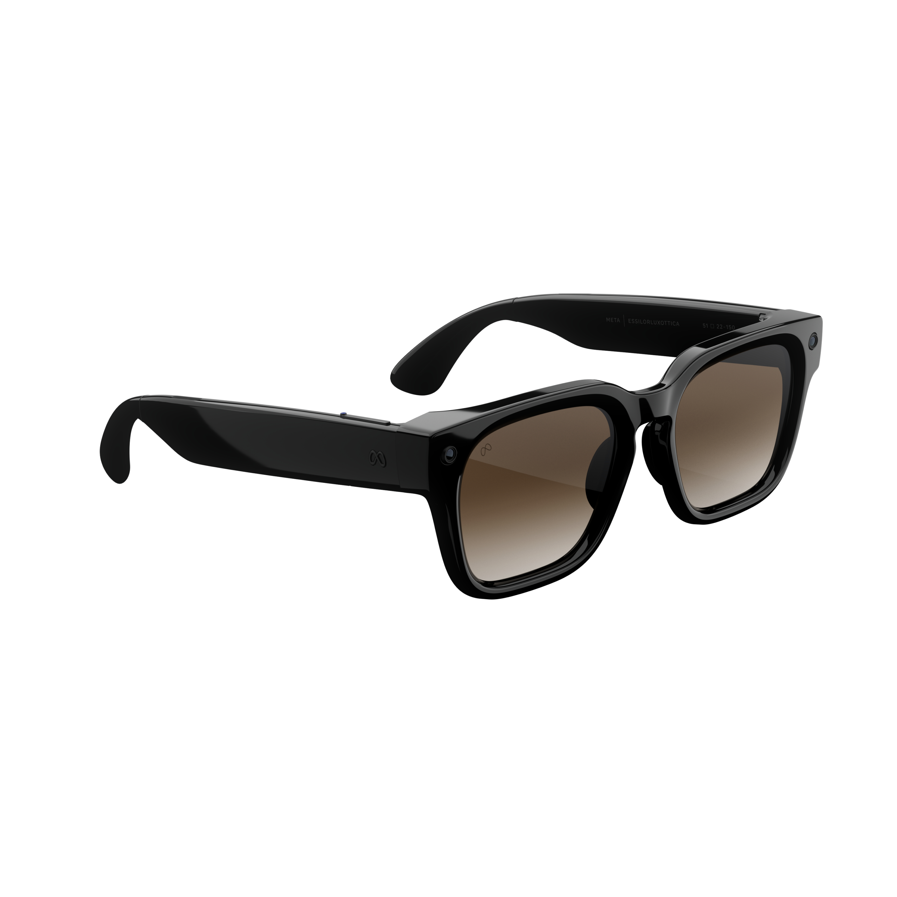 Schwarze rechteckige Brille mit braunen Gläsern und Meta-Logo.
