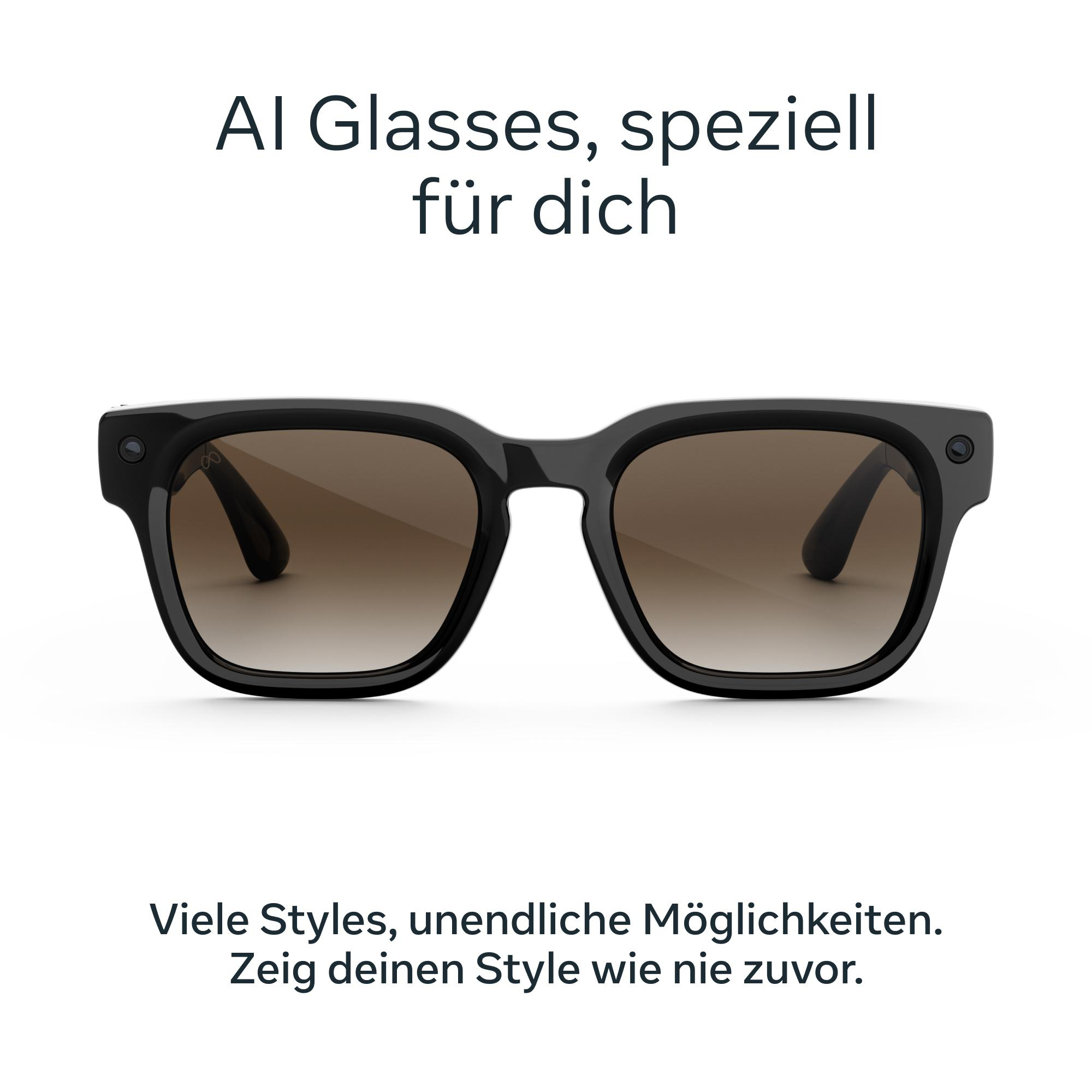 Schwarze AI-Brille mit braunen Gläsern und Text.