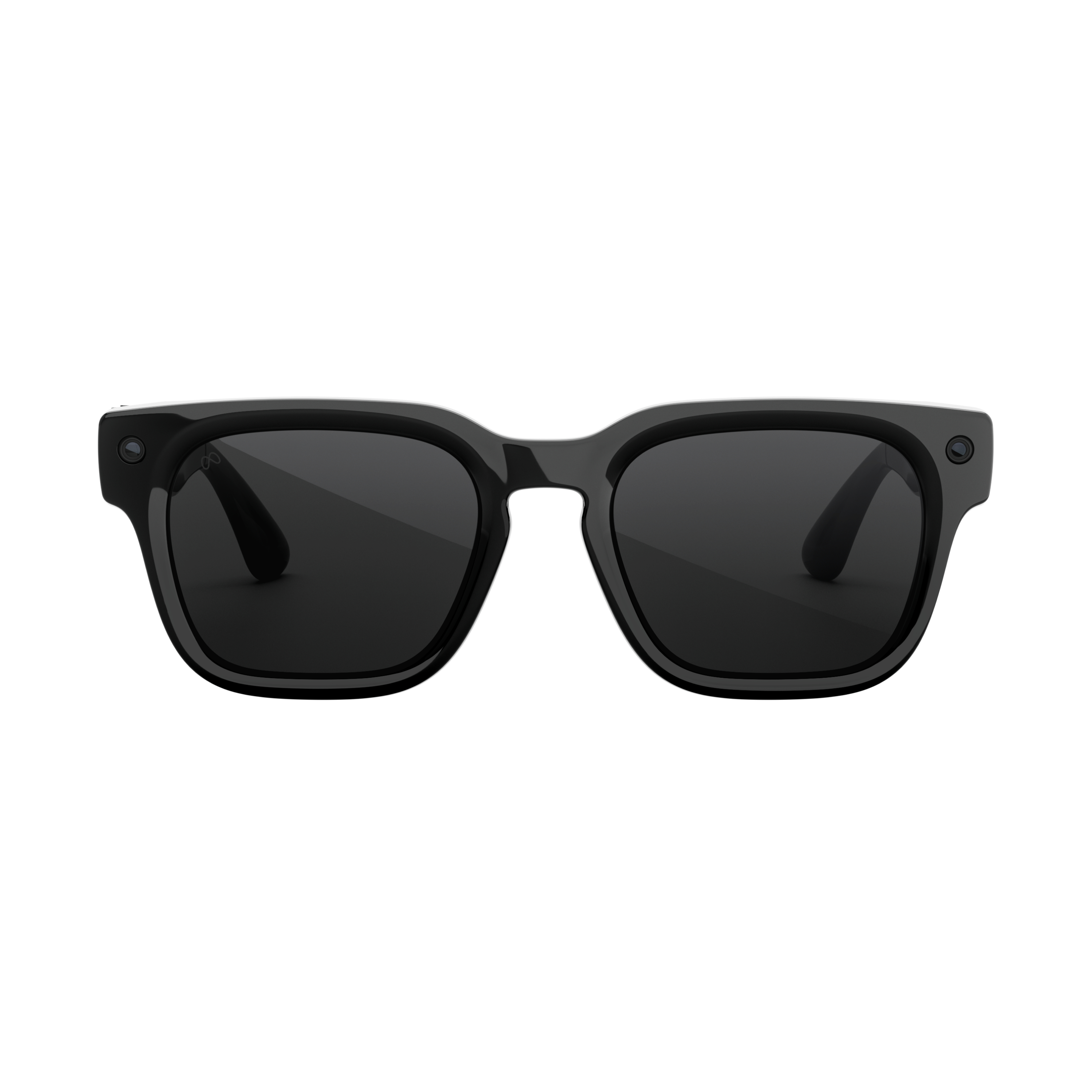 Schwarze, rechteckige Sonnenbrille mit dunklen Gläsern und Kameras an den Seiten.