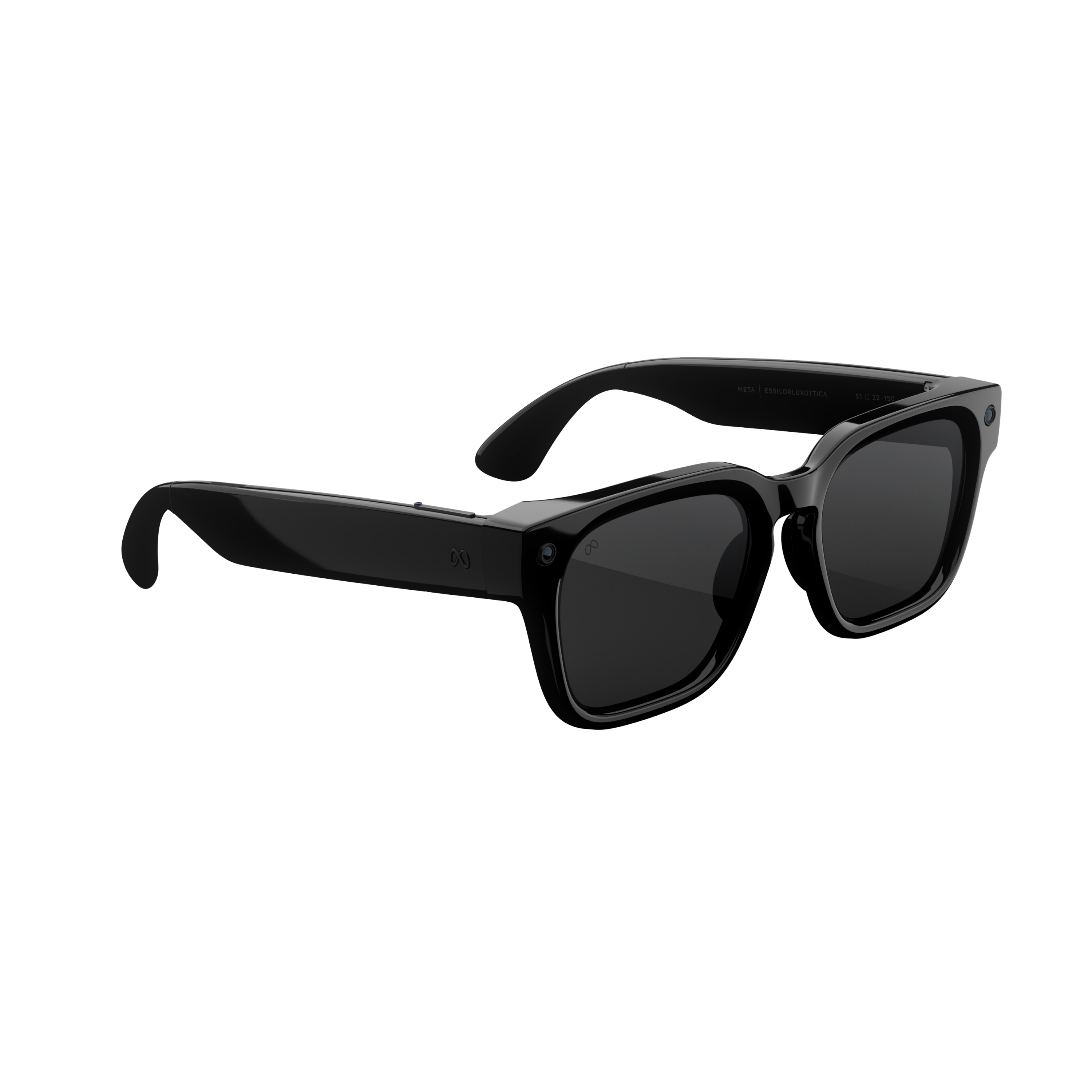 Schwarze rechteckige Smartbrille mit Kamera am rechten Glas.