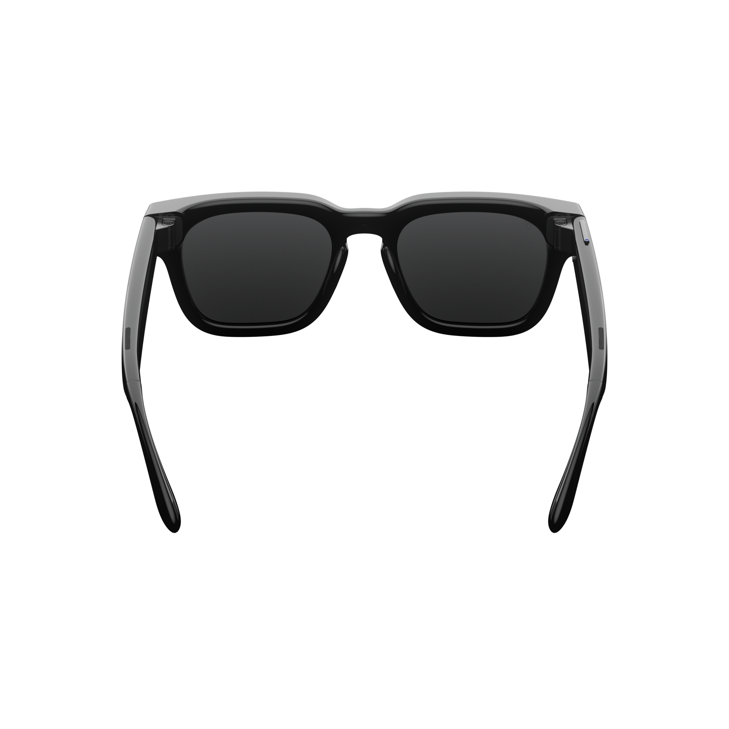Schwarze, rechteckige Sonnenbrille mit dunklen Gläsern und transparenten Bügeln.