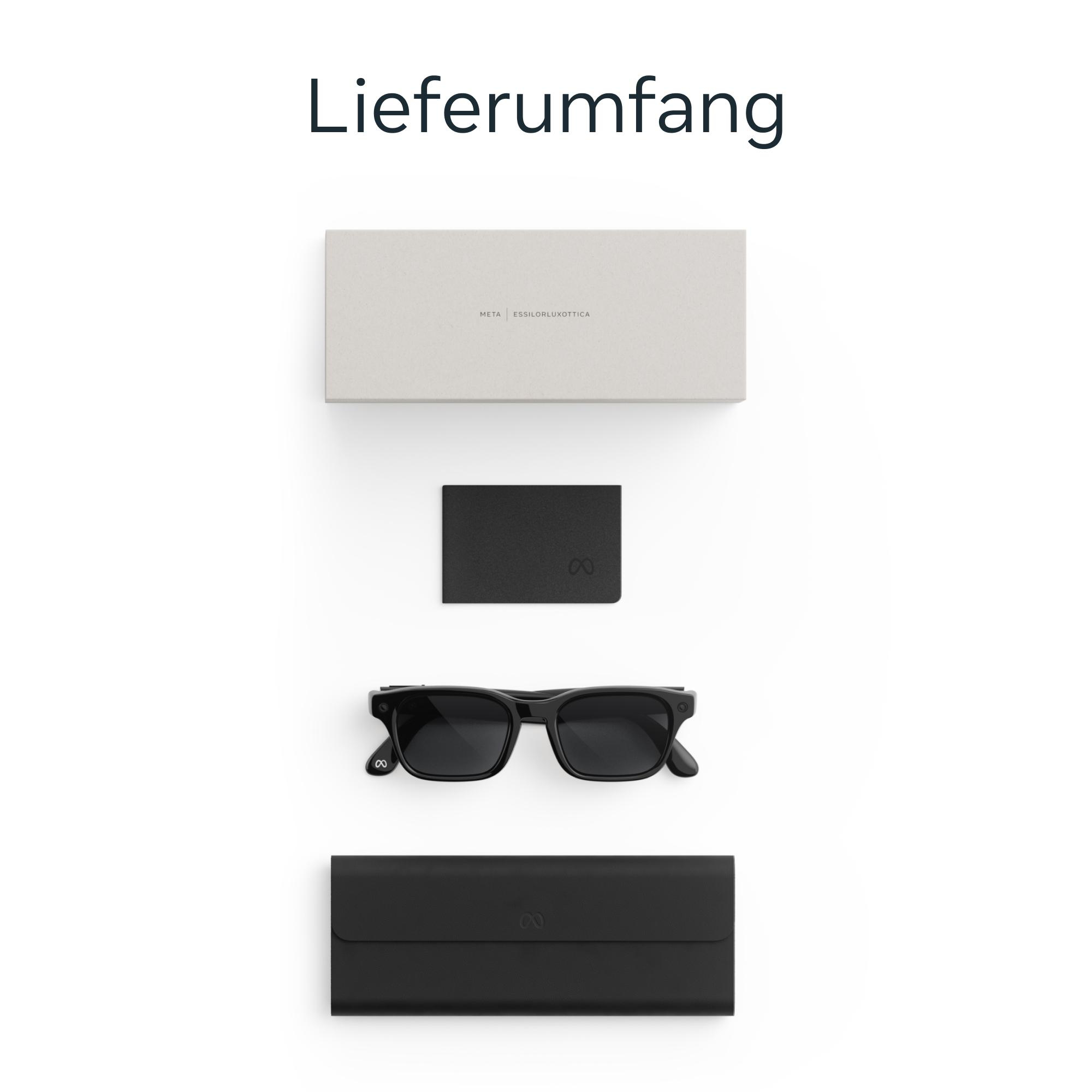 Eine hellgraue Schachtel mit Meta Essilorluxottica Logo, eine schwarze Geldbörse, schwarze Sonnenbrille, schwarzes Etui.